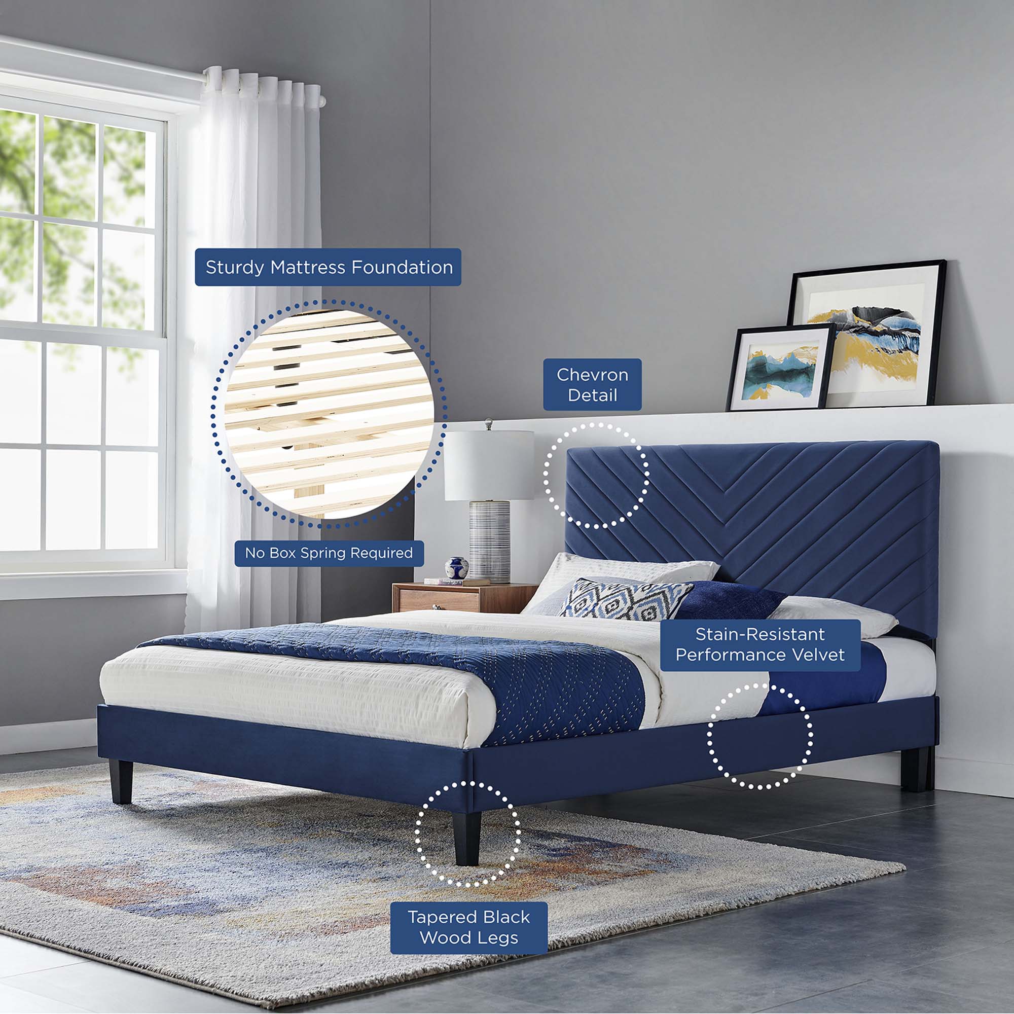 Roxanne Performance Velvet Platform Bed With Black Wood Legs