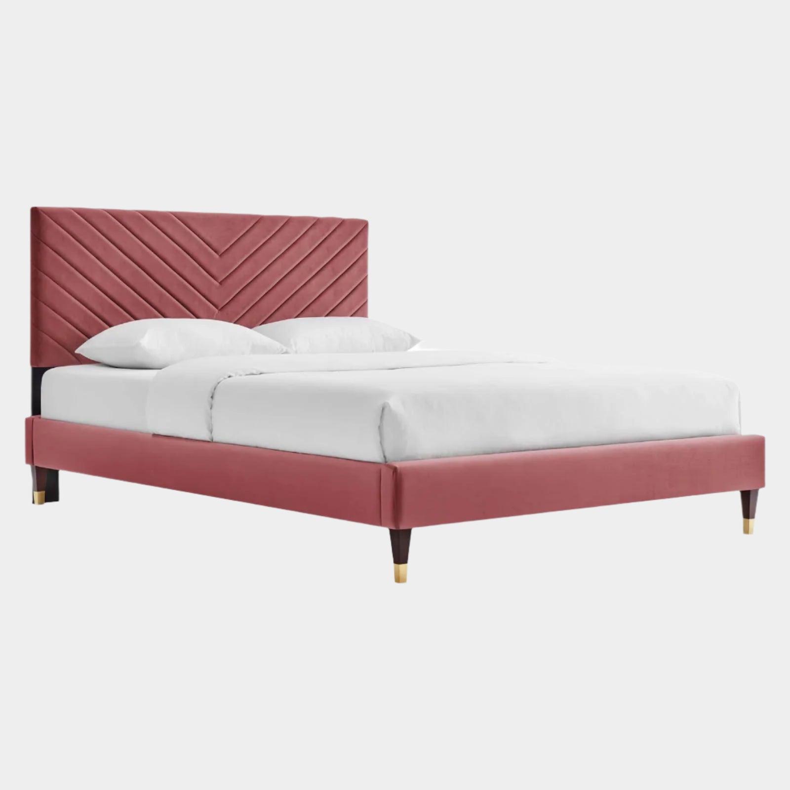 Roxanne Performance Velvet Platform Bed With Wood and Gold Legs