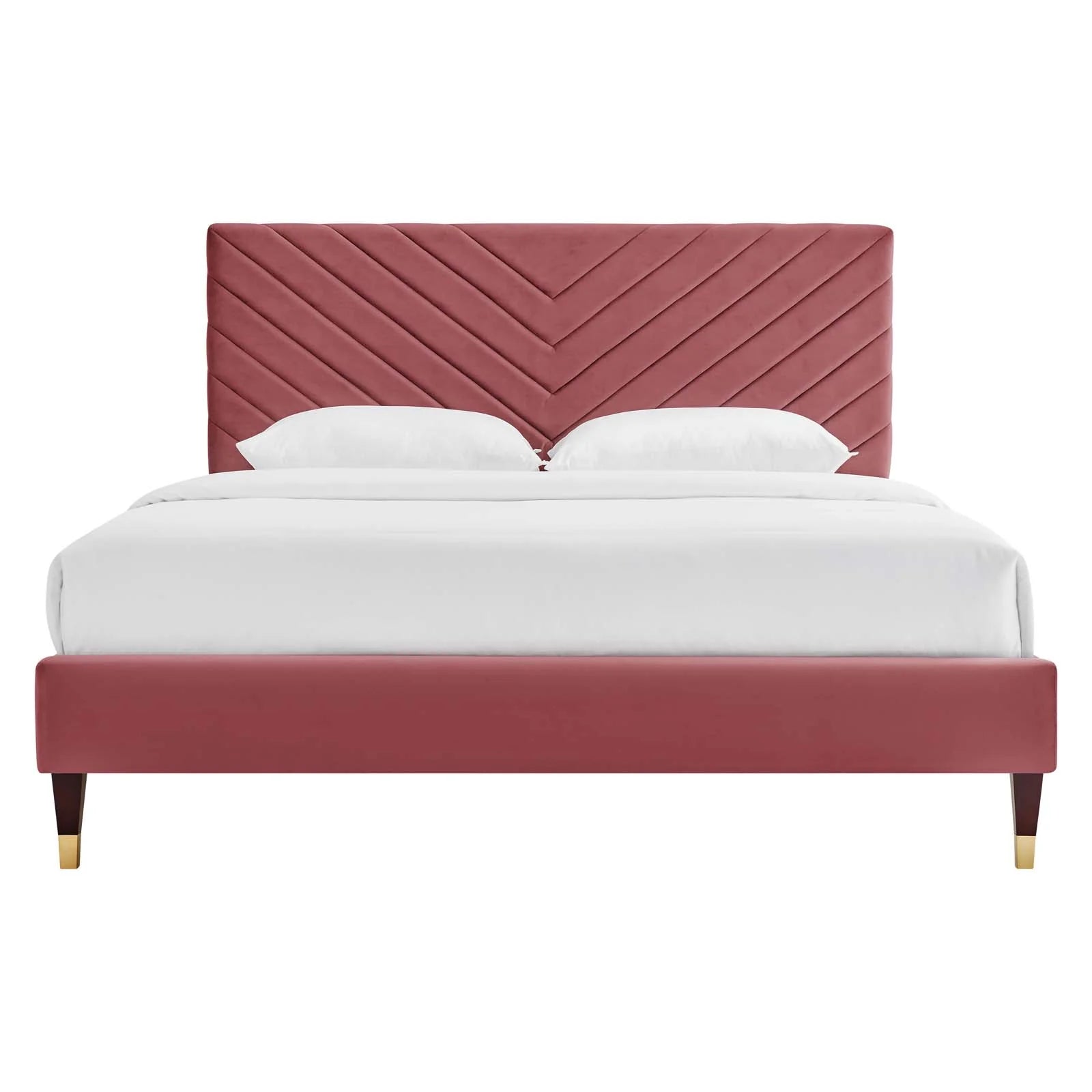 Roxanne Performance Velvet Platform Bed With Wood and Gold Legs