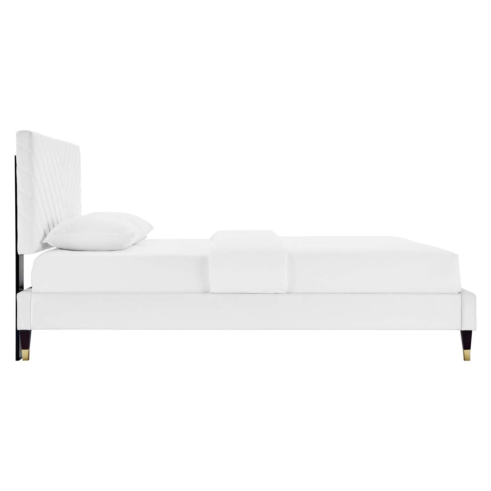 Roxanne Performance Velvet Platform Bed With Wood and Gold Legs