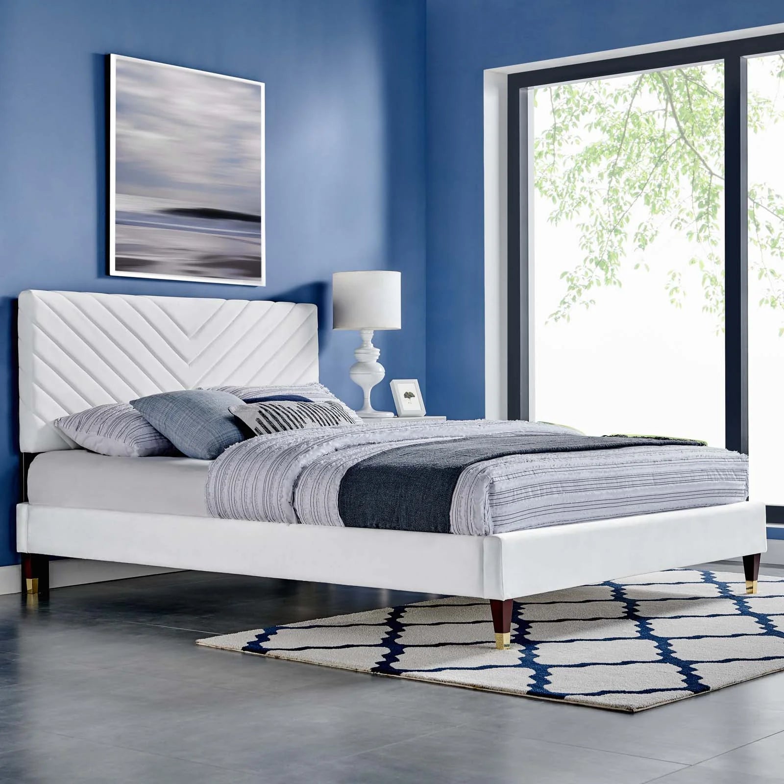 Roxanne Performance Velvet Platform Bed With Wood and Gold Legs