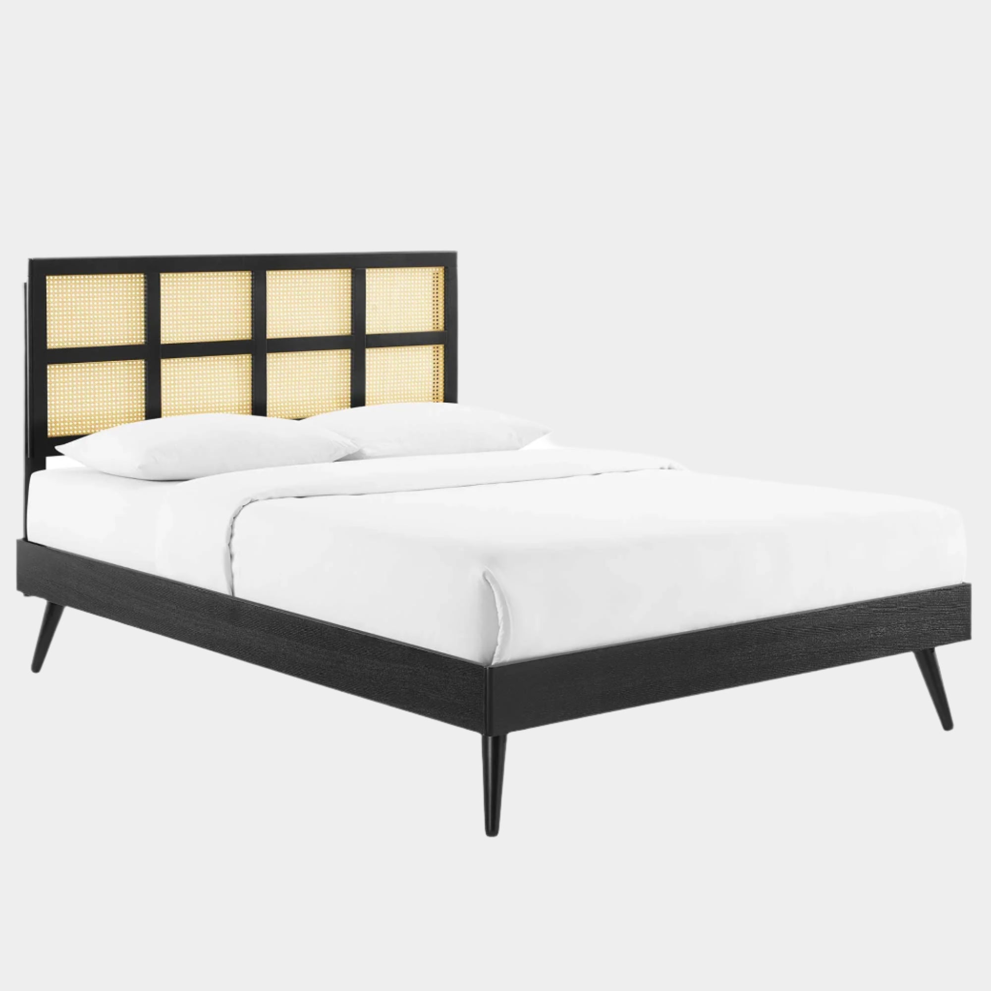 Sidney Cane and Wood Platform Bed With Splayed Legs