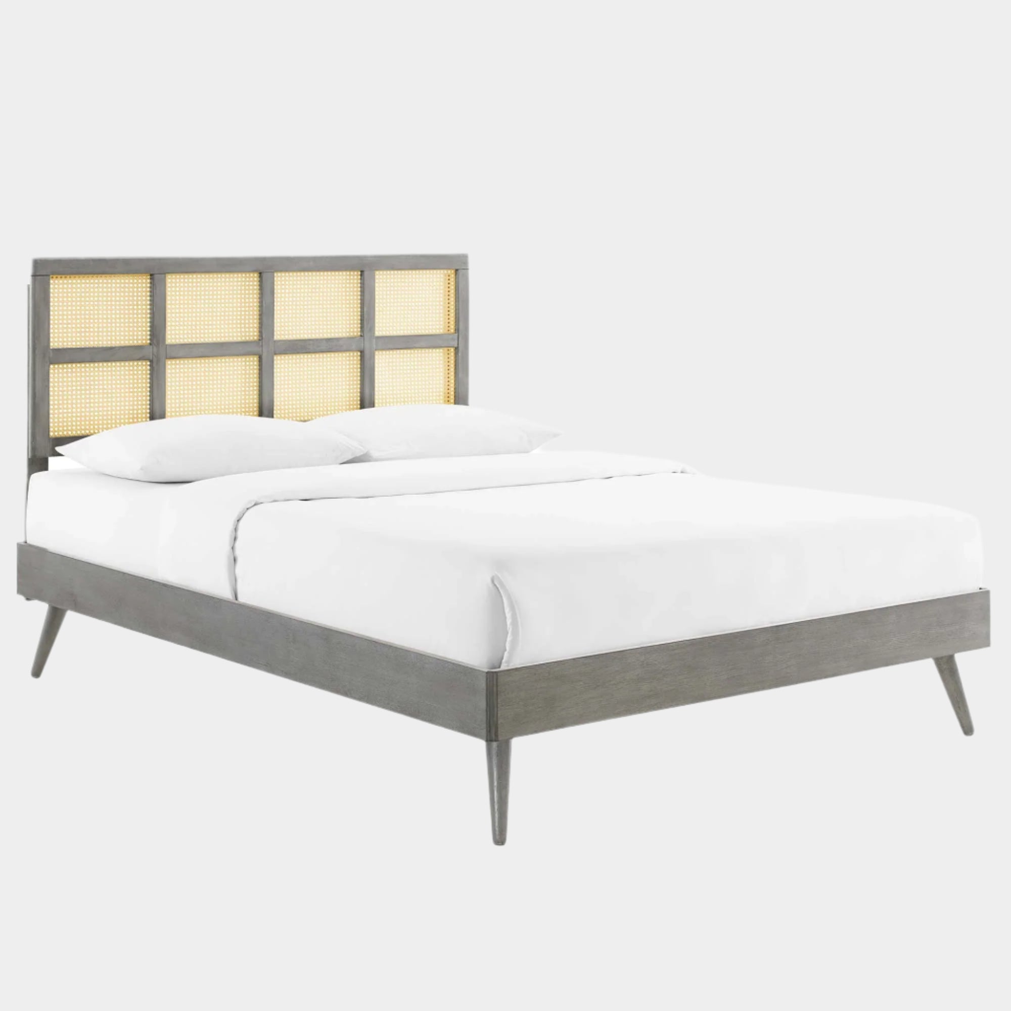 Sidney Cane and Wood Platform Bed With Splayed Legs