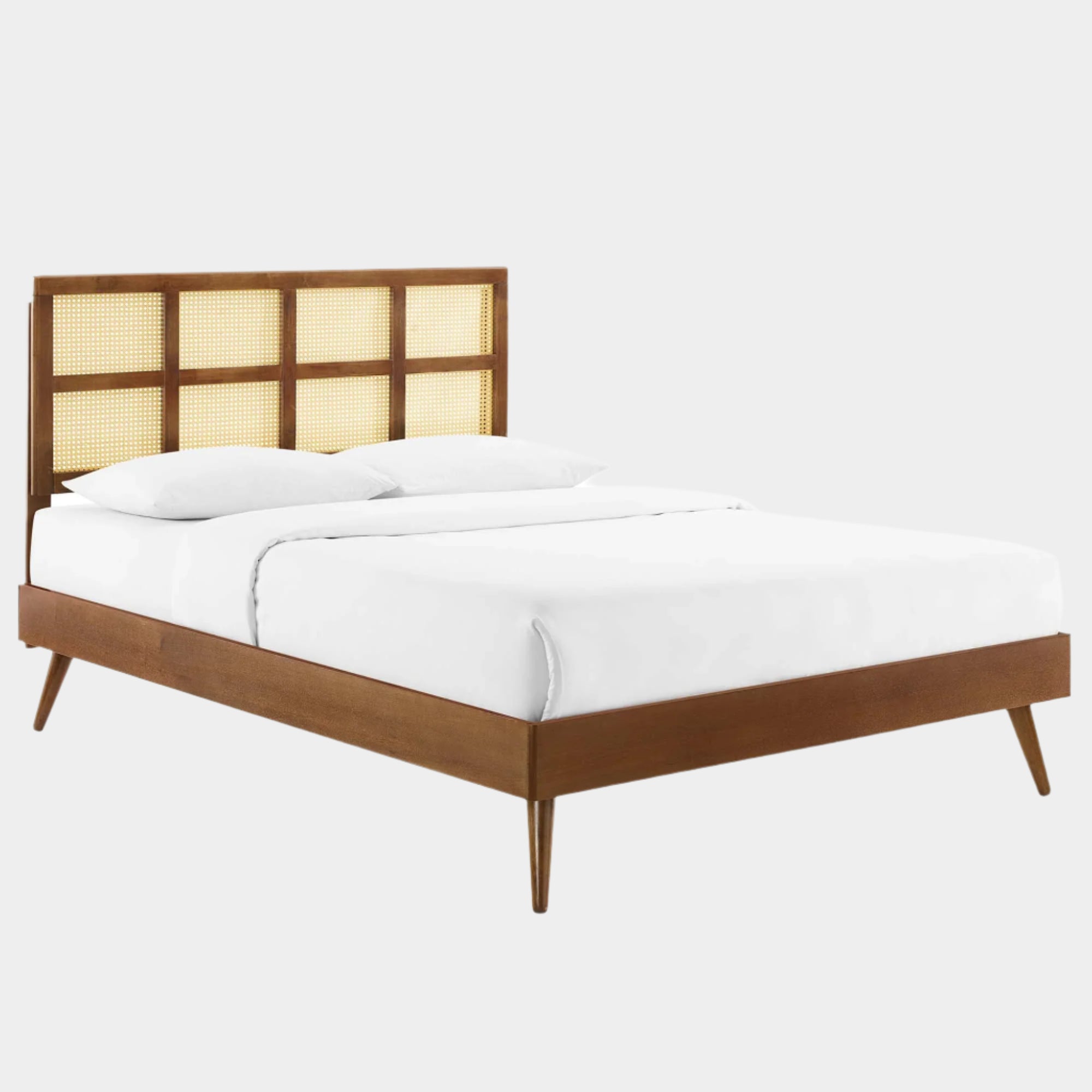 Sidney Cane and Wood Platform Bed With Splayed Legs