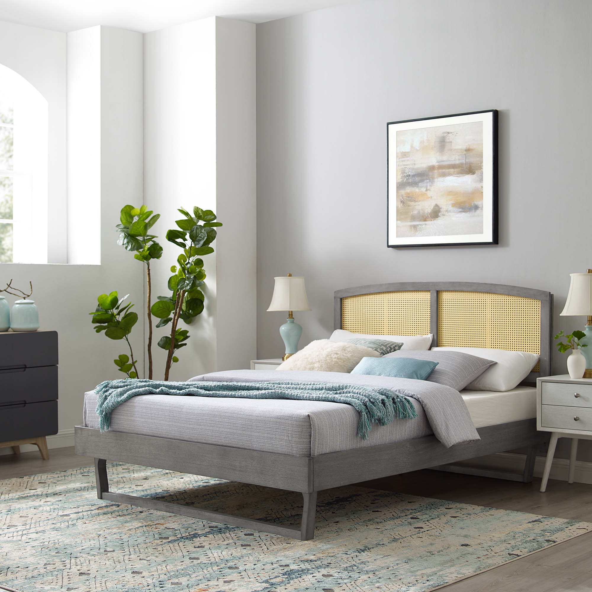 Sierra Cane and Wood Platform Bed With Angular Legs