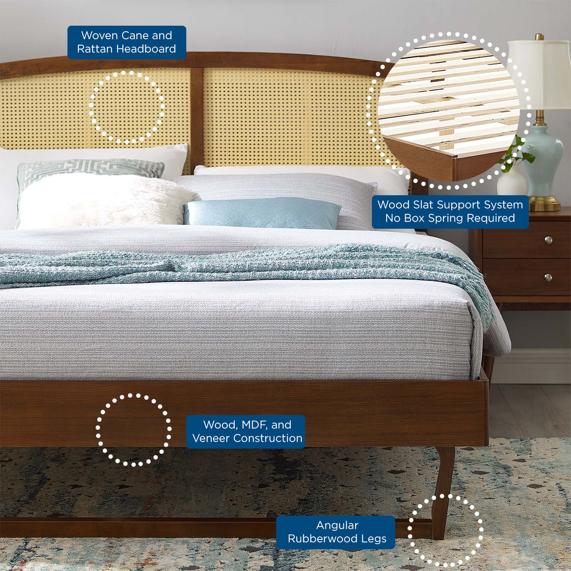 Sierra Cane and Wood Platform Bed With Angular Legs