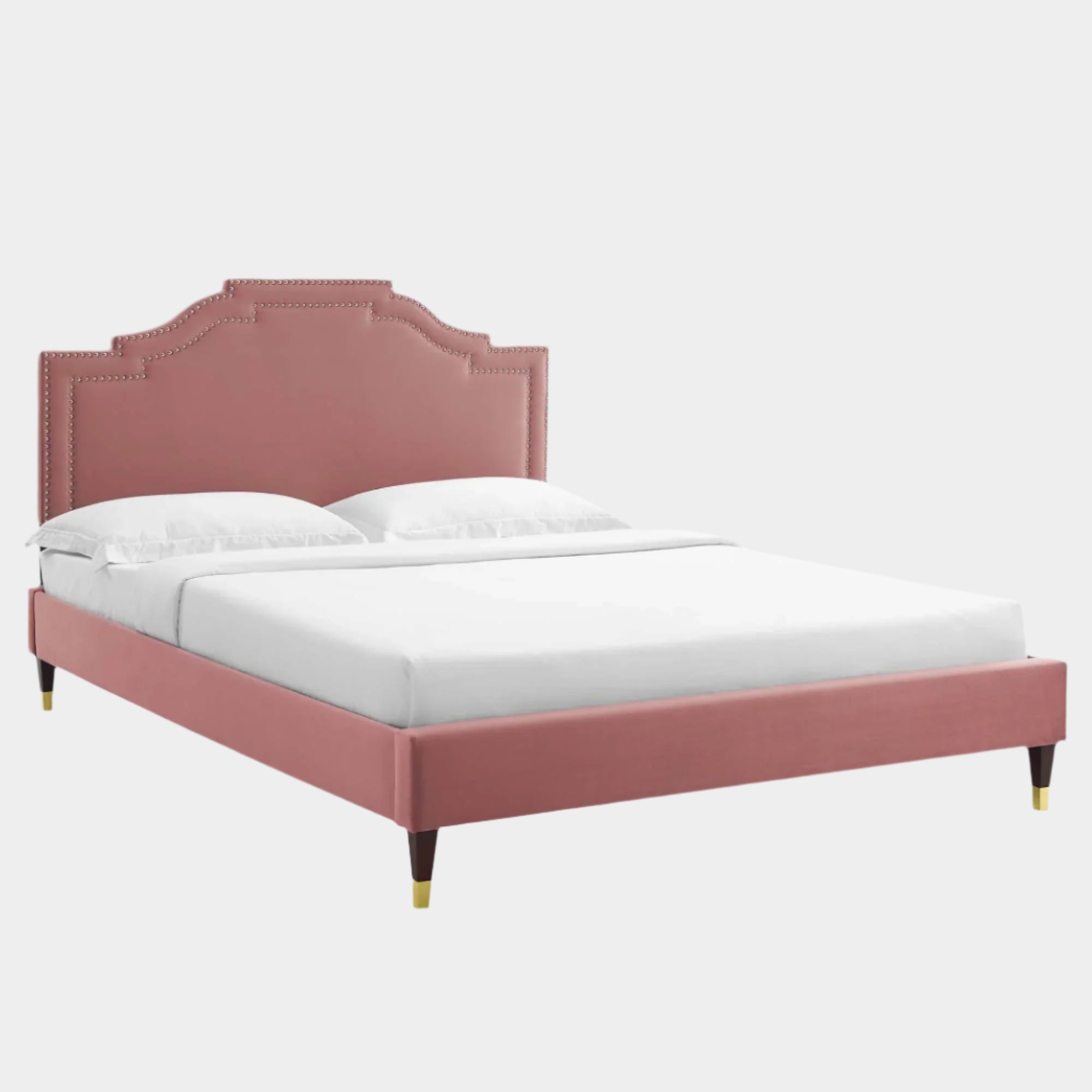 Adelaide Performance Velvet Platform Bed With Wood and Gold Metal Legs
