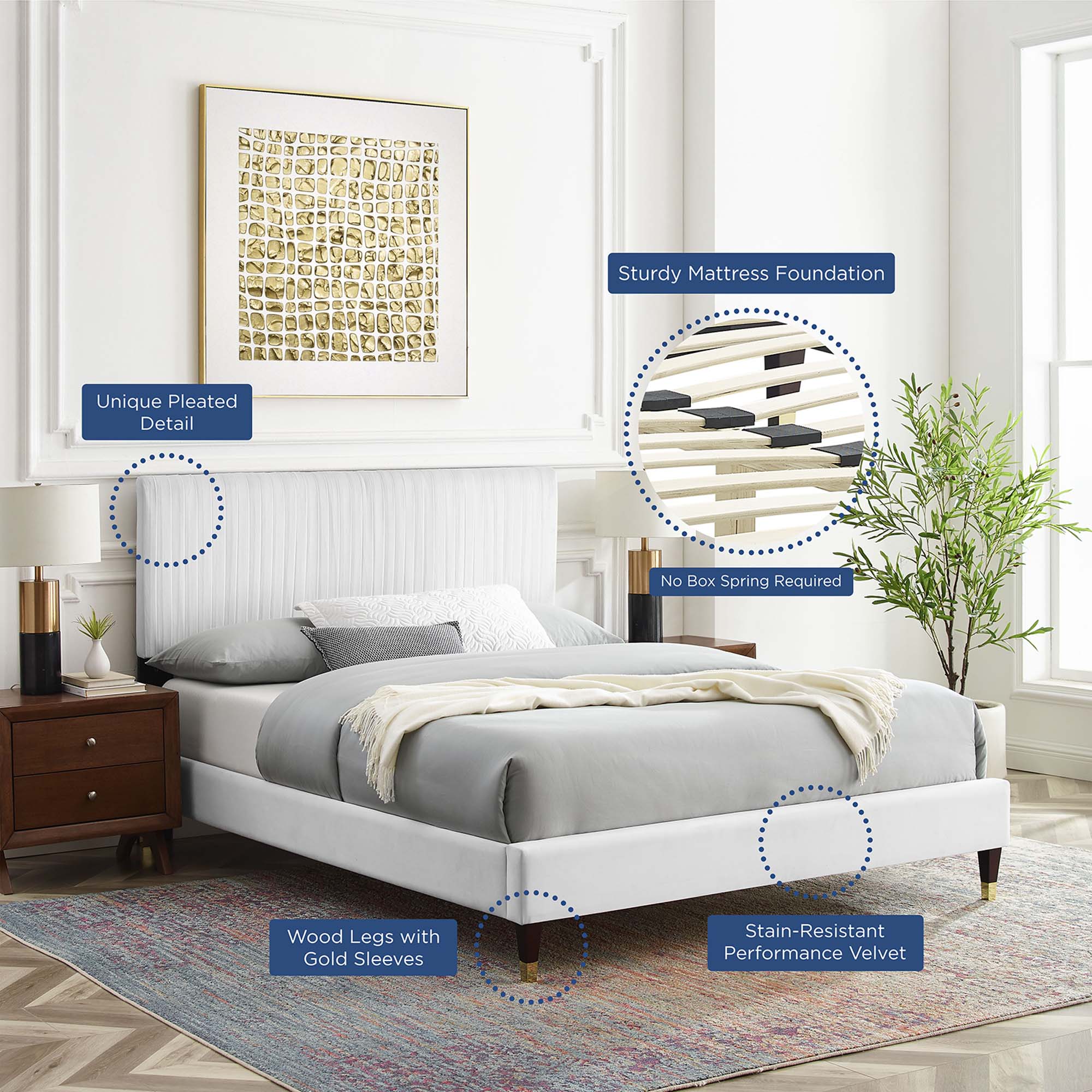 Peyton Performance Velvet Platform Bed With Wood and Gold Legs