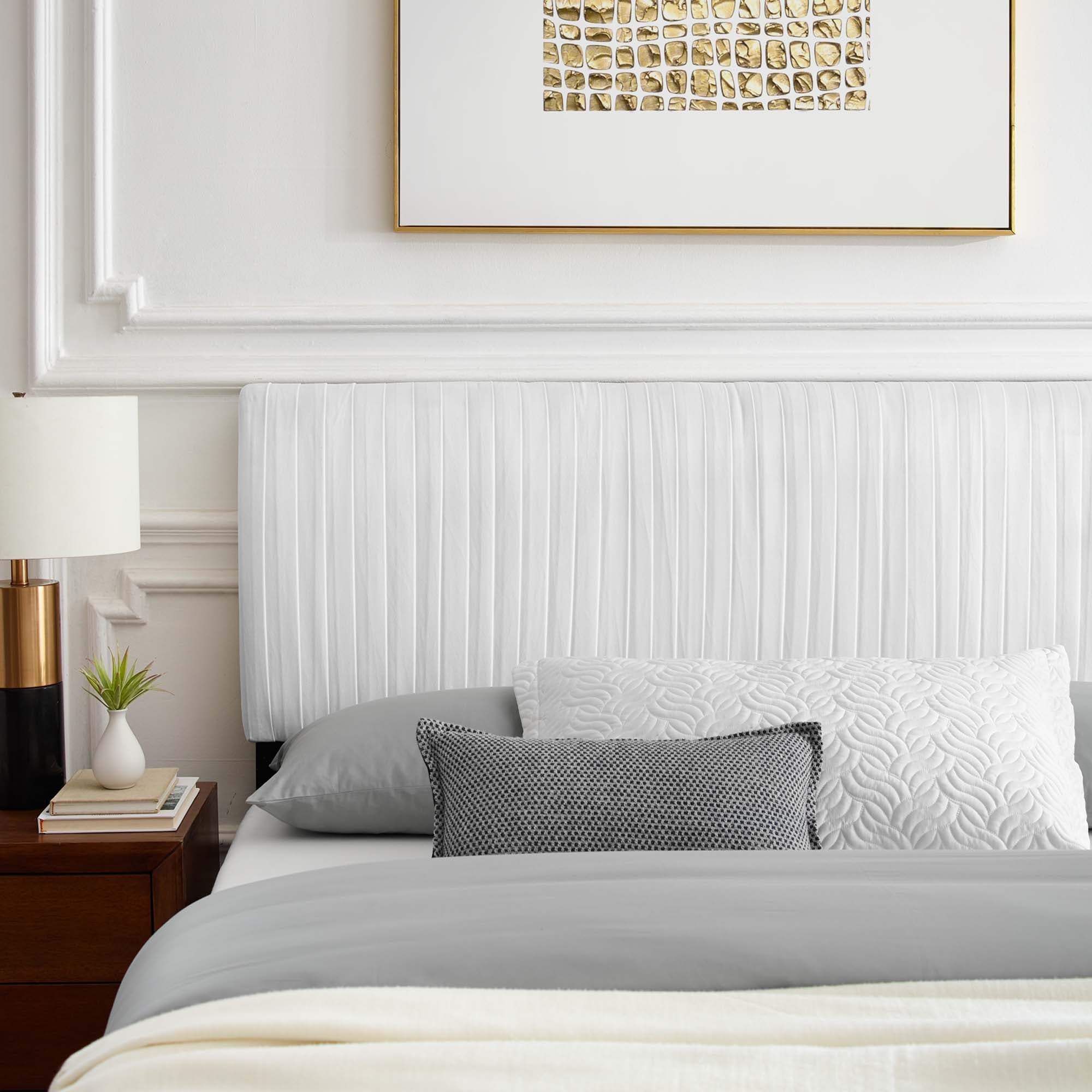 Peyton Performance Velvet Platform Bed With Wood and Gold Legs