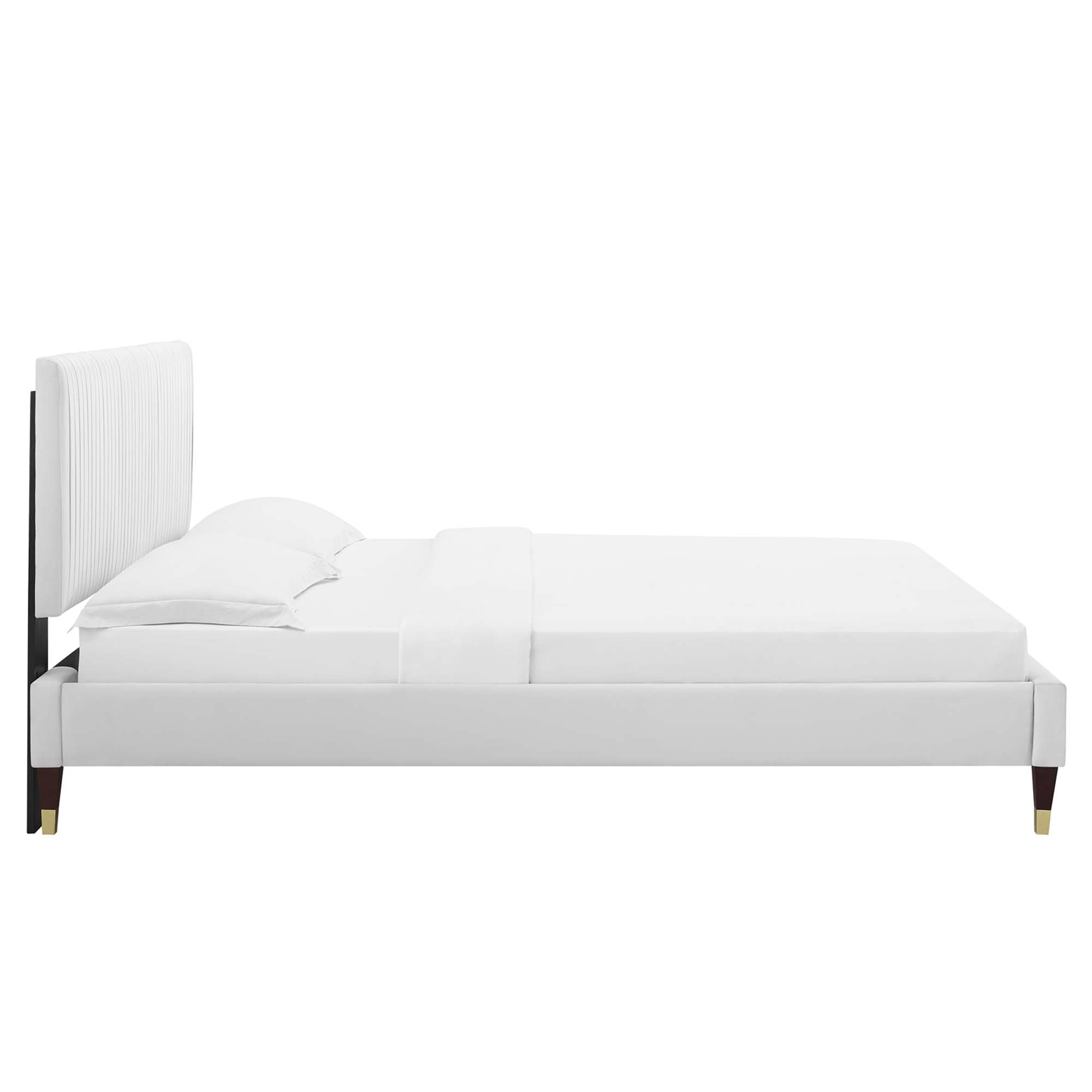 Peyton Performance Velvet Platform Bed With Wood and Gold Legs