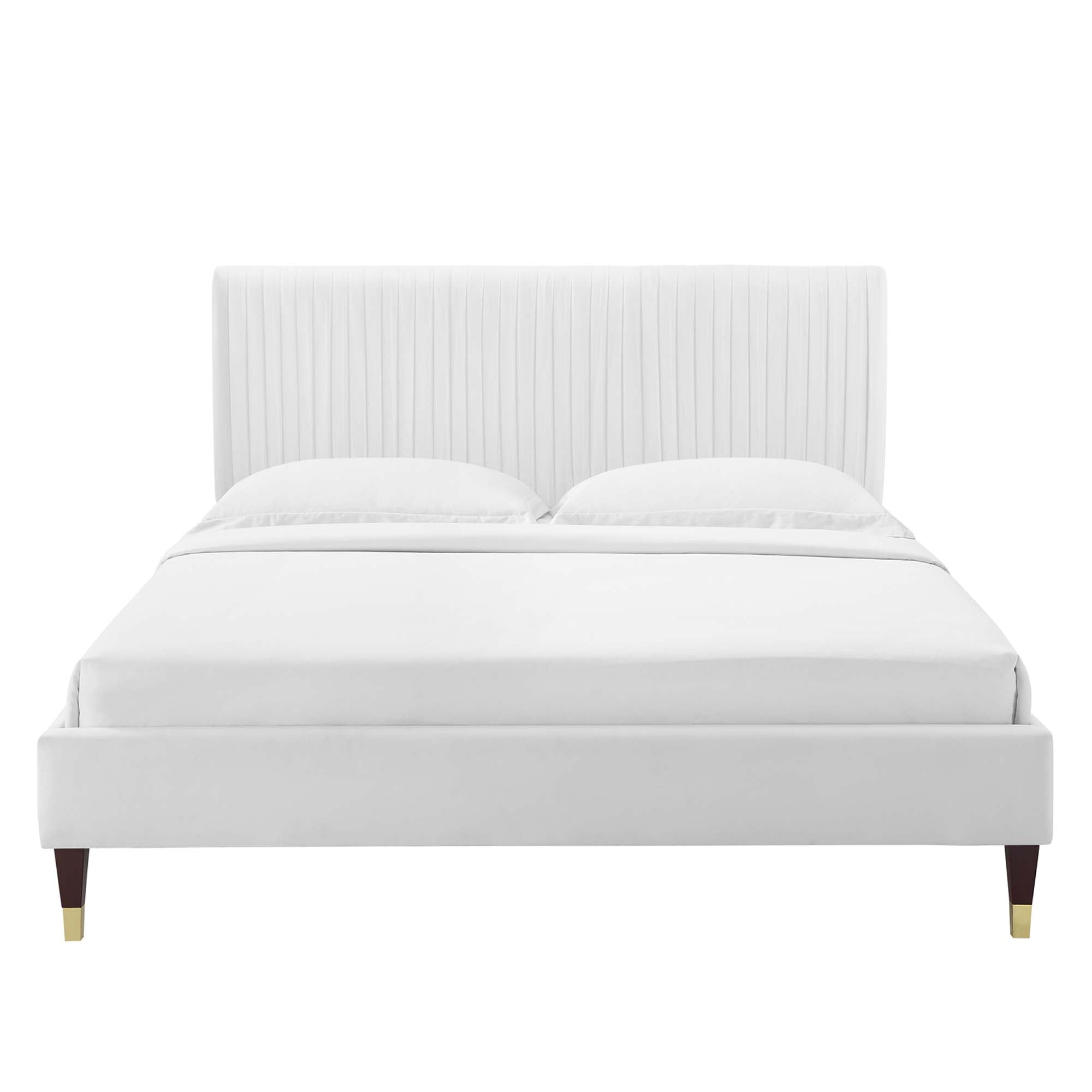 Peyton Performance Velvet Platform Bed With Wood and Gold Legs