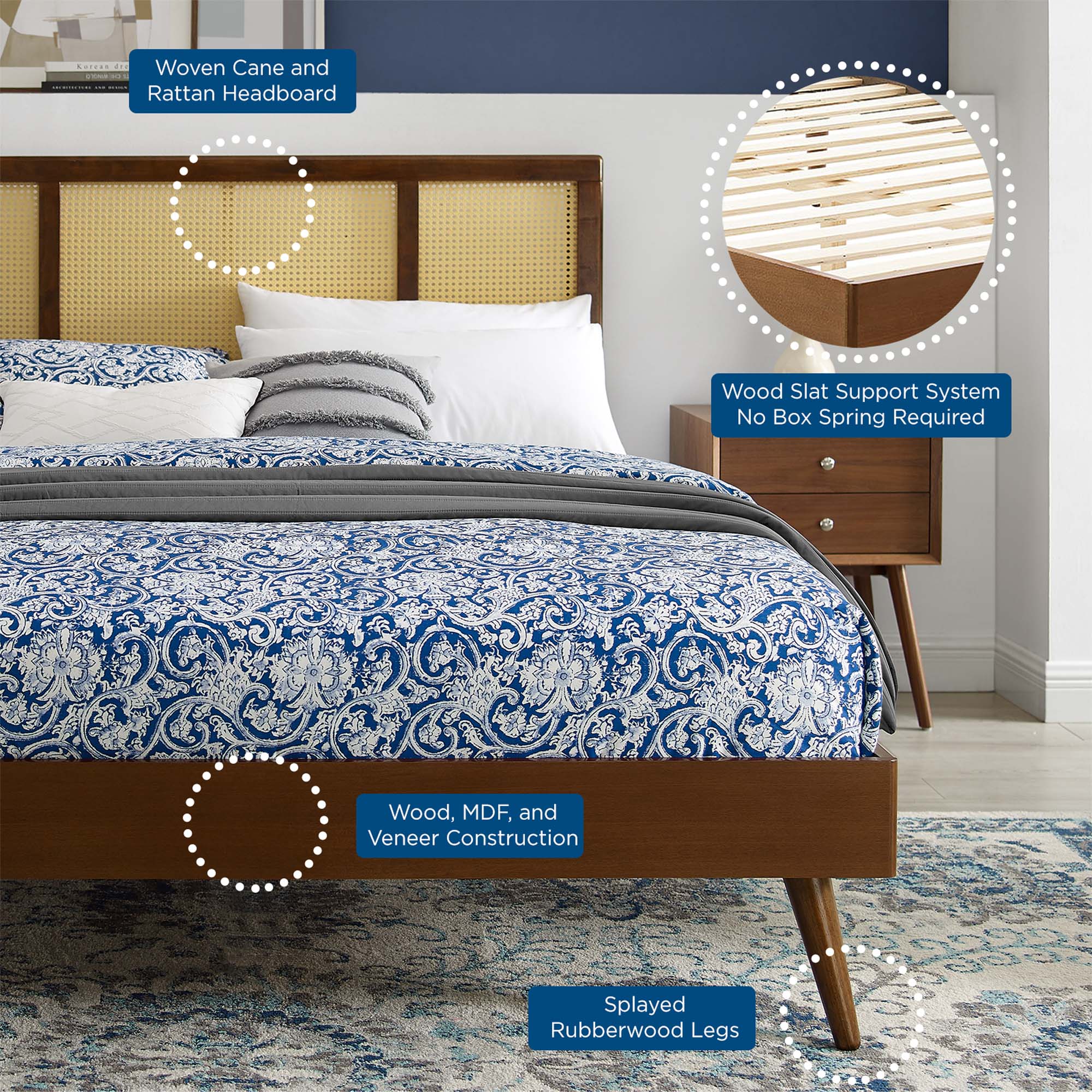 Kelsea Cane and Wood Platform Bed With Splayed Legs