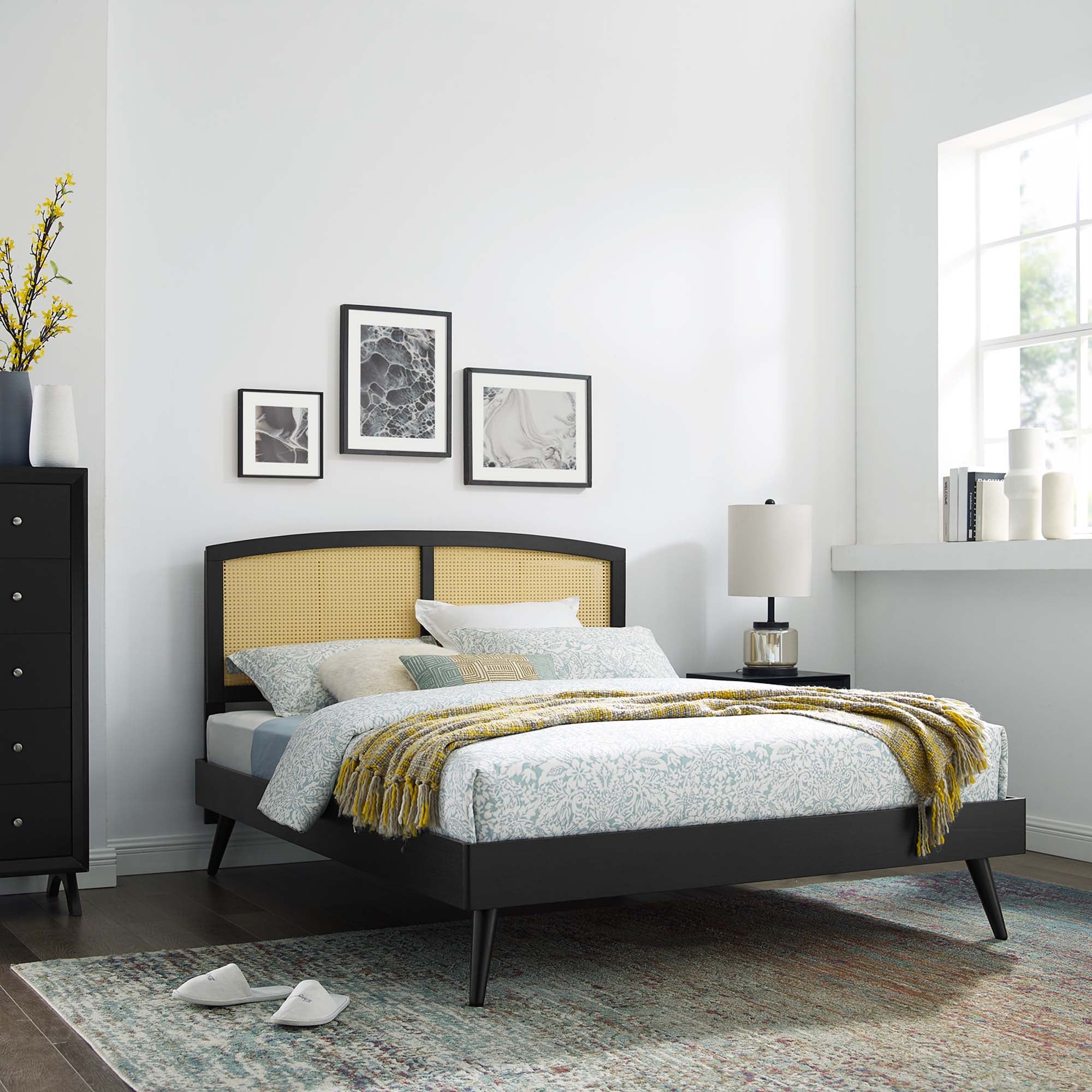 Sierra Cane and Wood Platform Bed With Splayed Legs