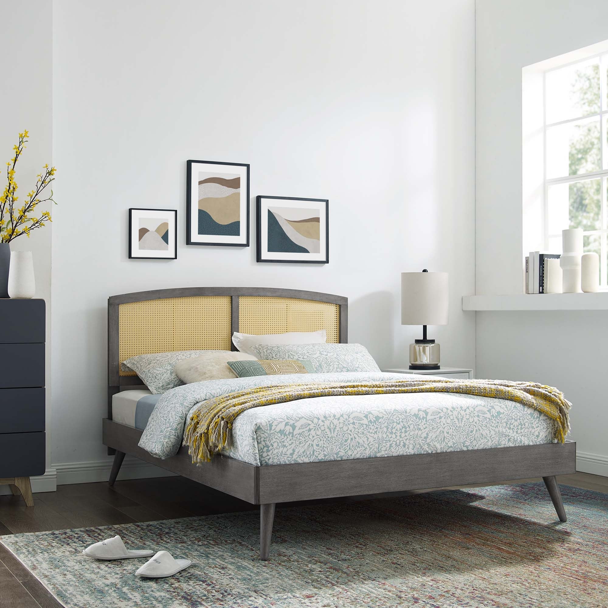 Sierra Cane and Wood Platform Bed With Splayed Legs