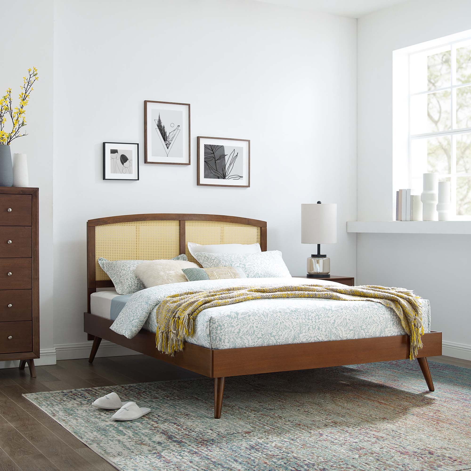 Sierra Cane and Wood Platform Bed With Splayed Legs