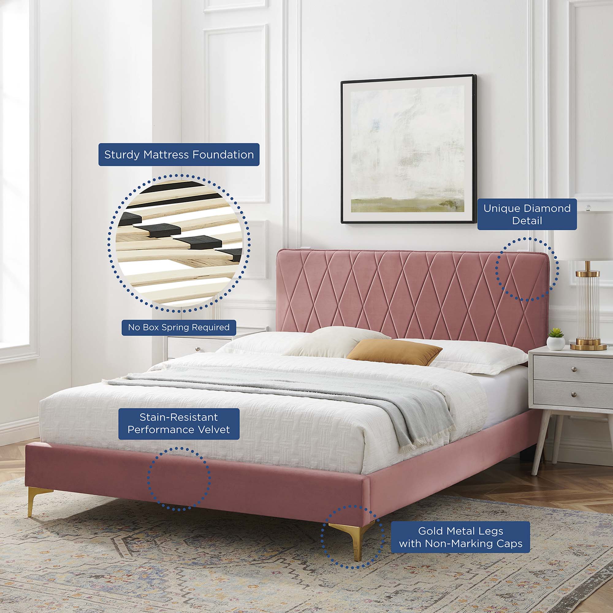 Phillipa Performance Velvet Platform Bed With Gold Metal Legs