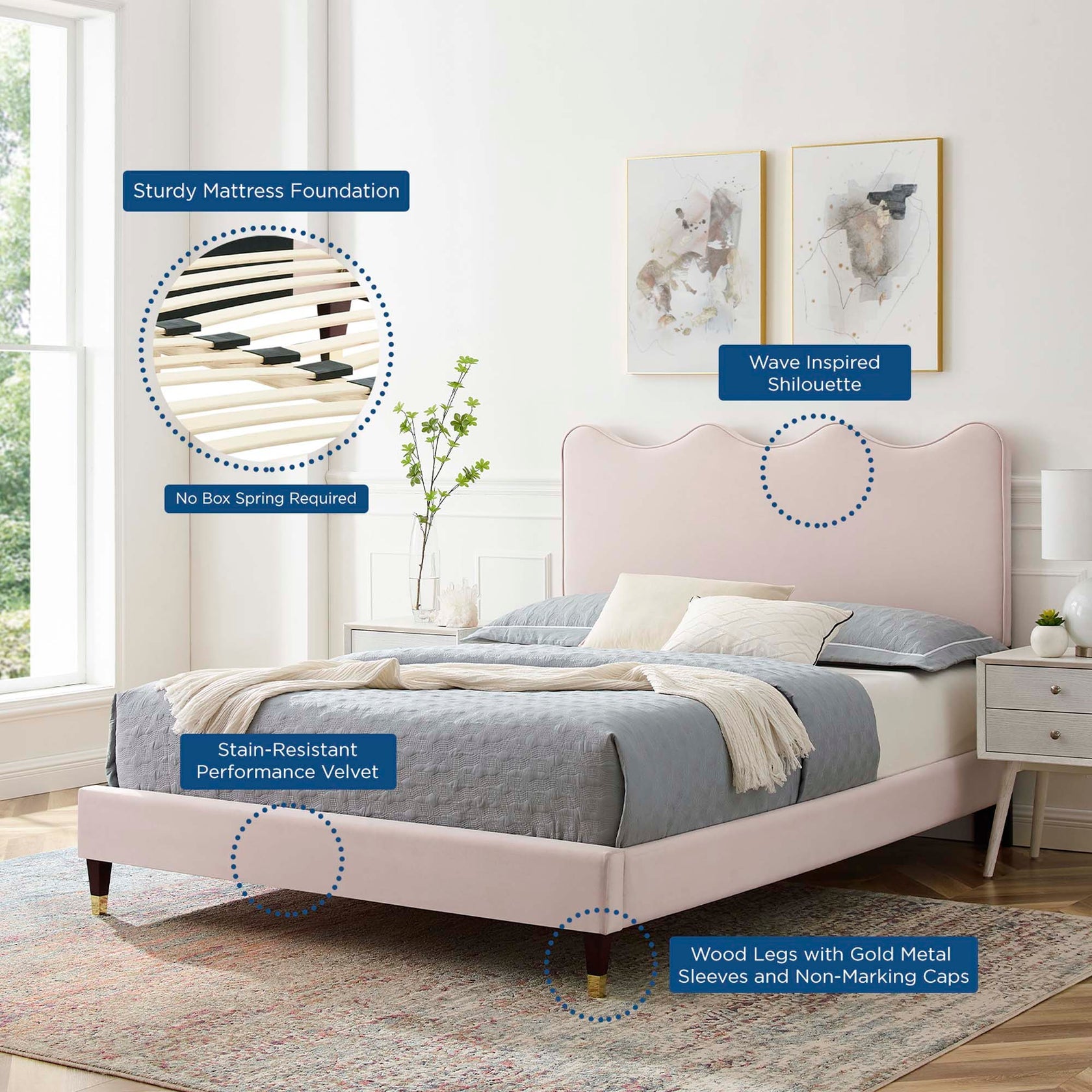 Current Performance Velvet Platform Bed With Wood and Gold Legs