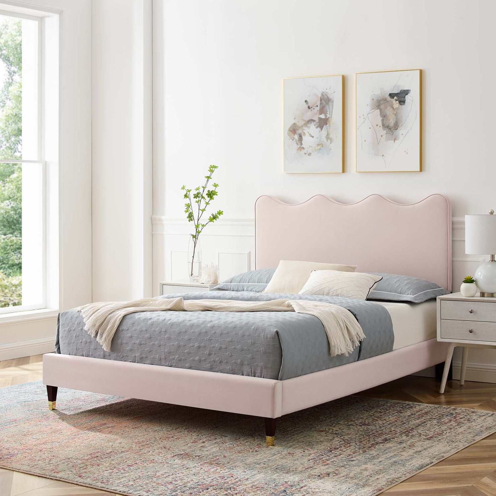 Current Performance Velvet Platform Bed With Wood and Gold Legs