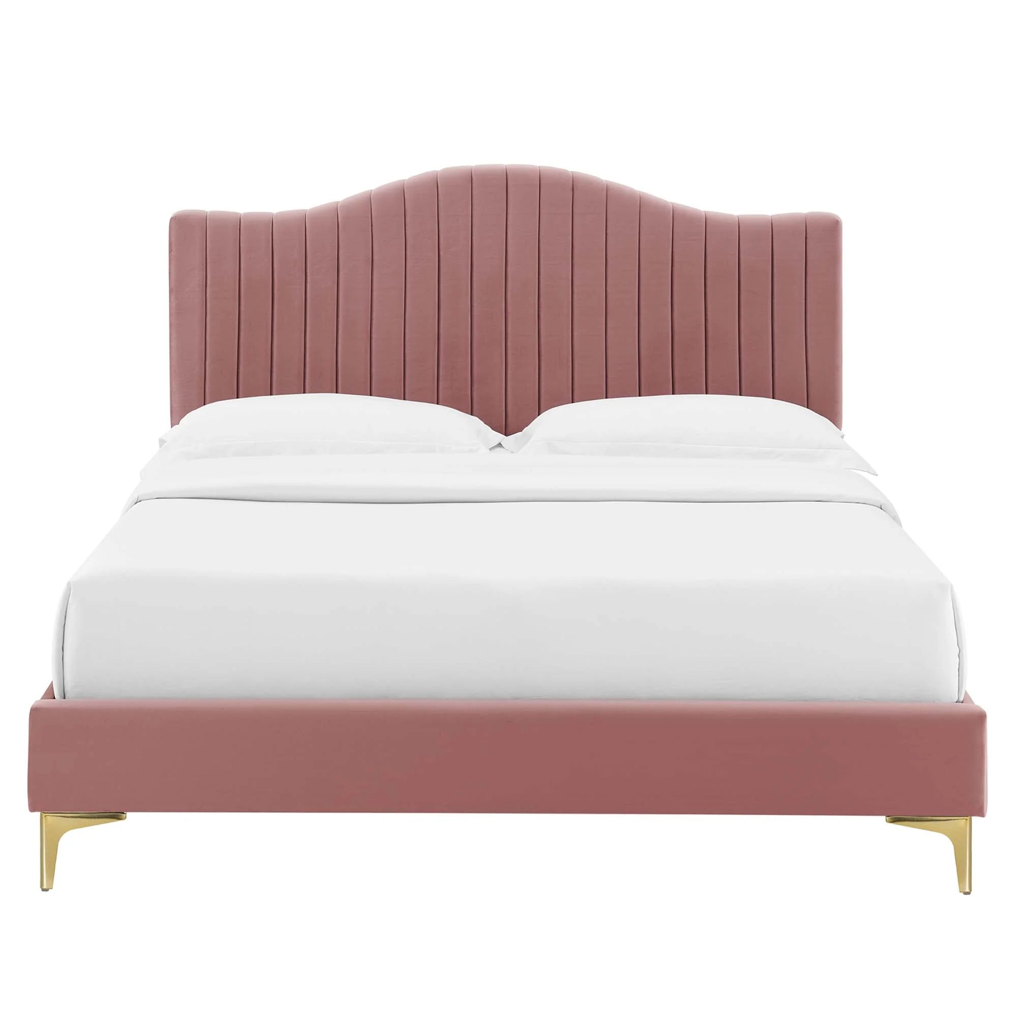 Juniper Channel Tufted Performance Velvet Platform Bed With Gold Metal Legs