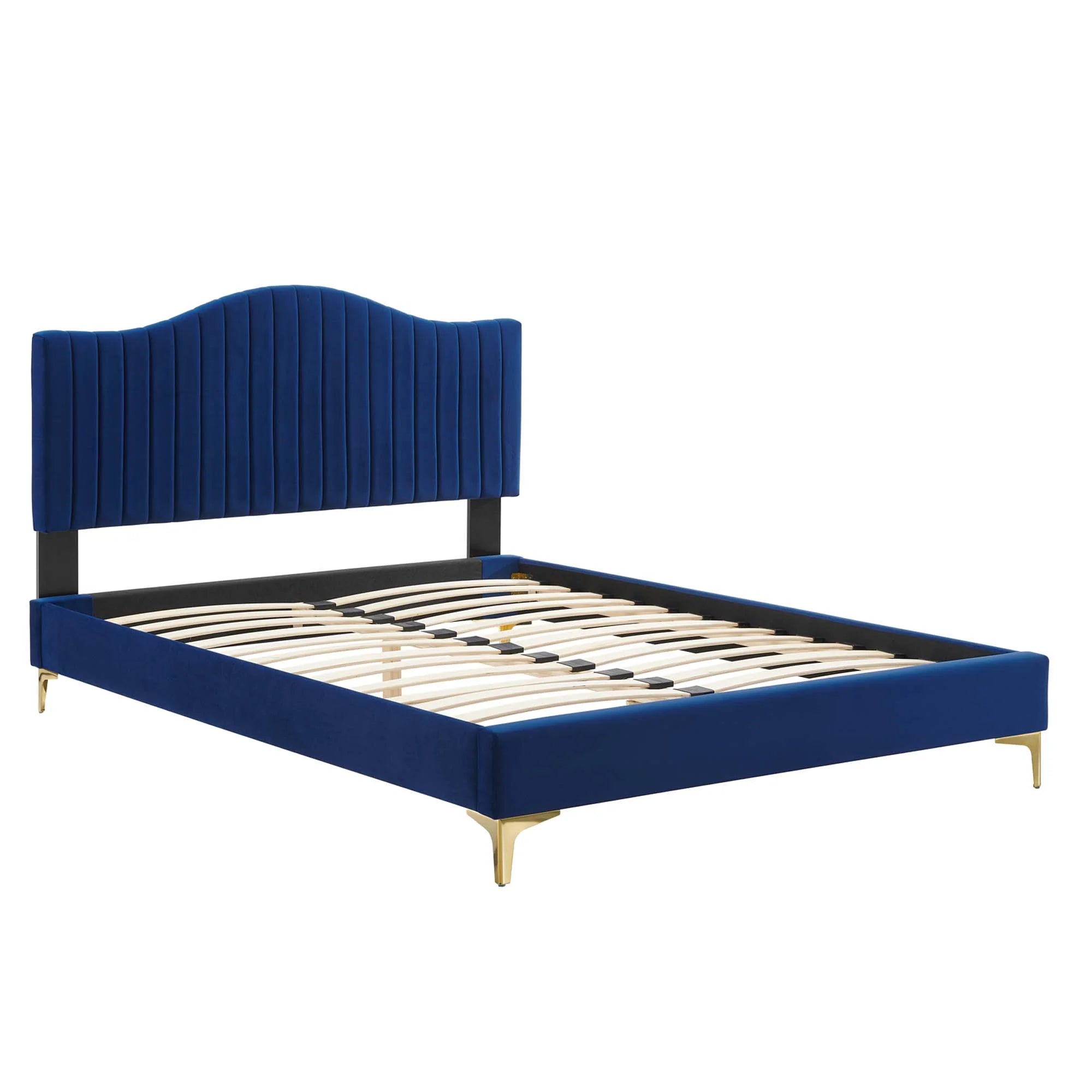 Juniper Channel Tufted Performance Velvet Platform Bed With Gold Metal Legs