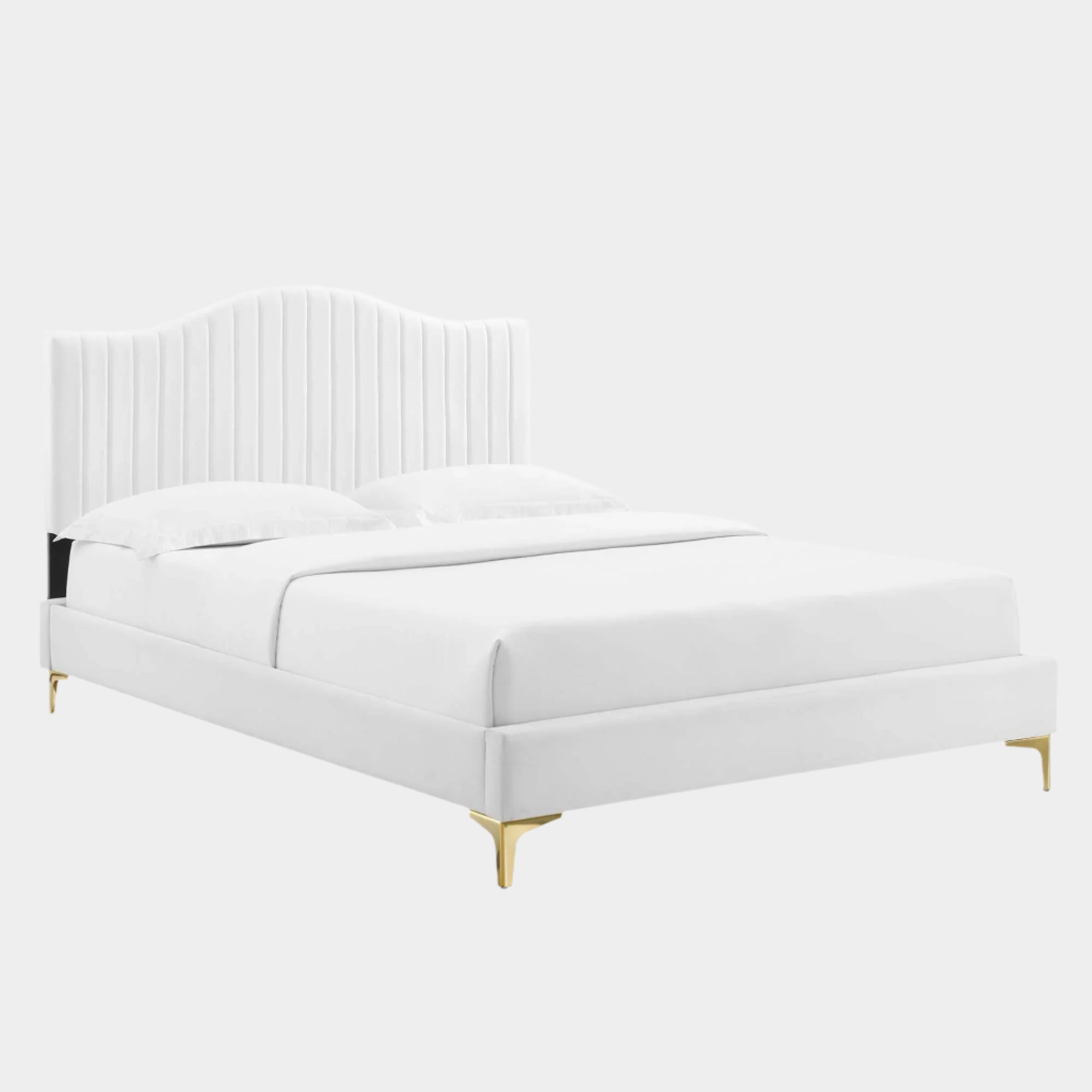 Juniper Channel Tufted Performance Velvet Platform Bed With Gold Metal Legs