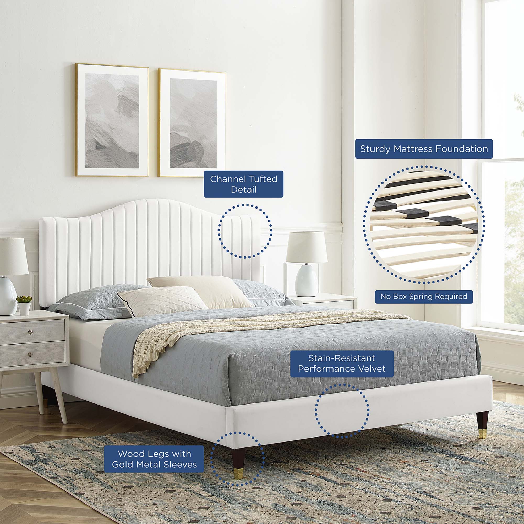 Juniper Channel Tufted Performance Velvet Platform Bed With Wood and Gold Legs