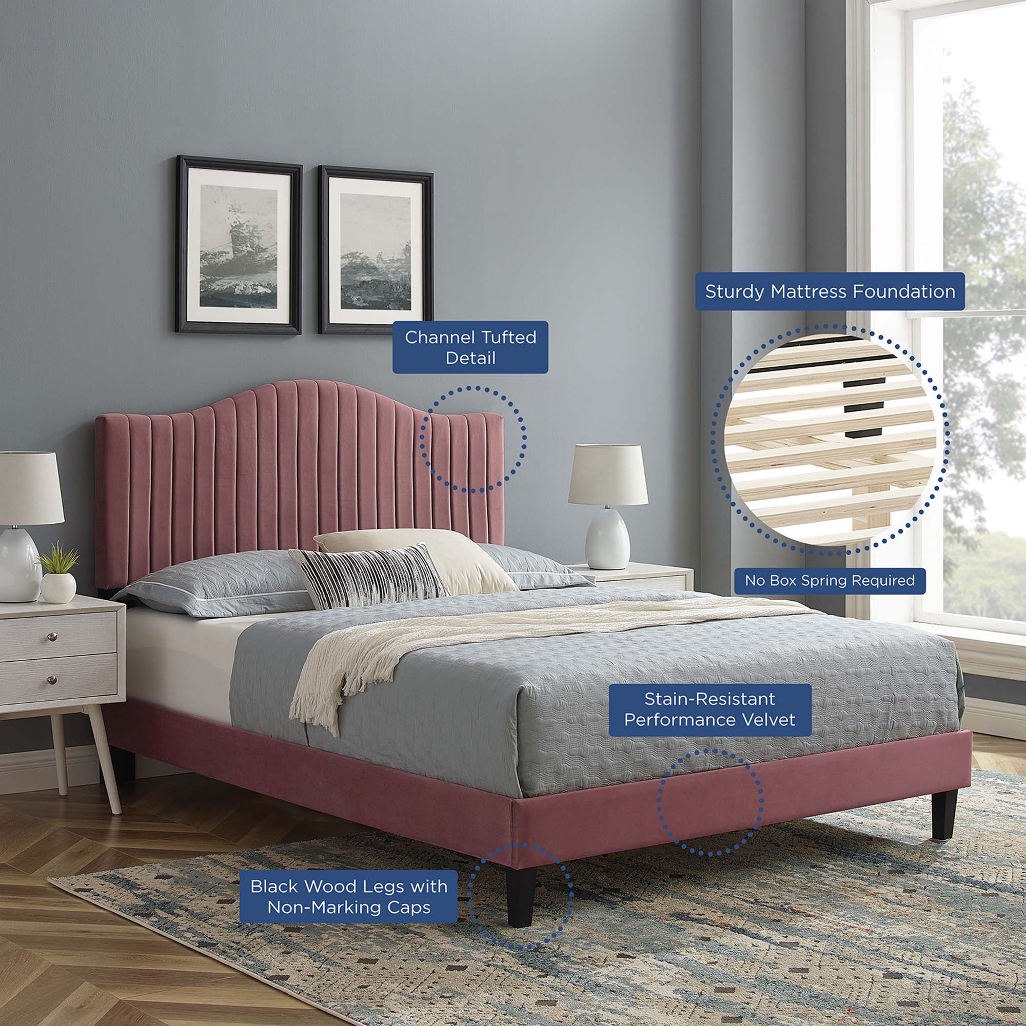 Juniper Channel Tufted Performance Velvet Platform Bed With Black Wood Legs