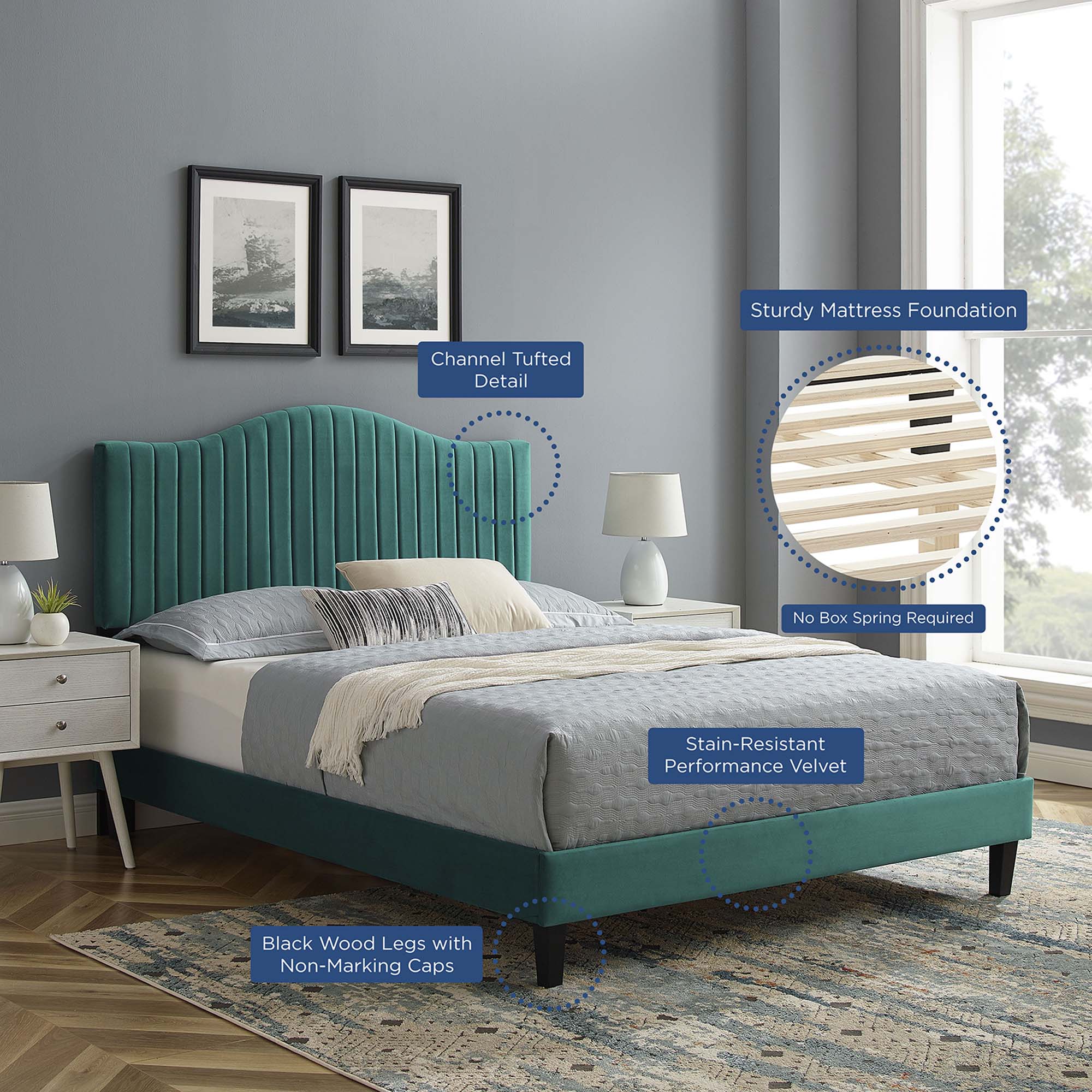 Juniper Channel Tufted Performance Velvet Platform Bed With Black Wood Legs
