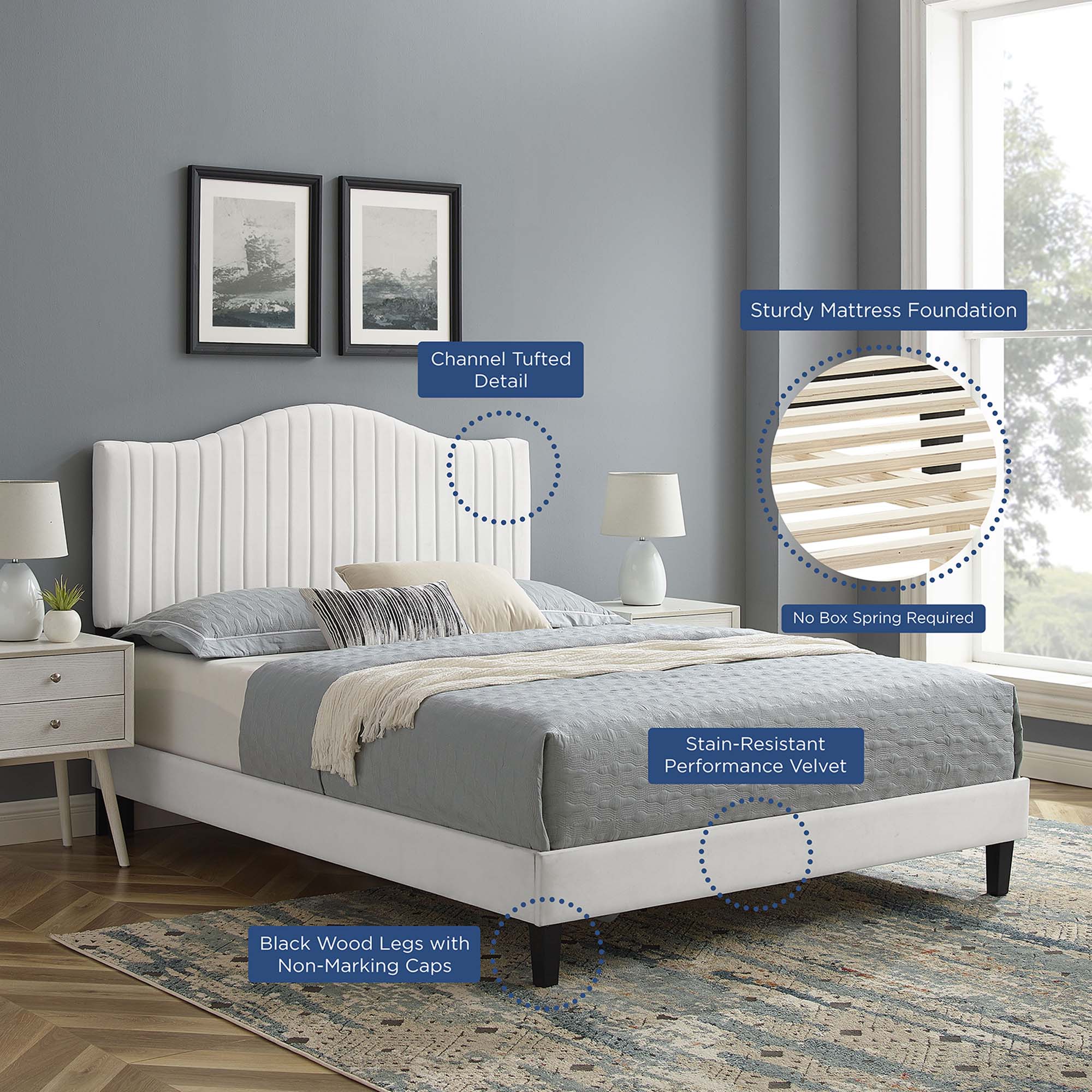 Juniper Channel Tufted Performance Velvet Platform Bed With Black Wood Legs