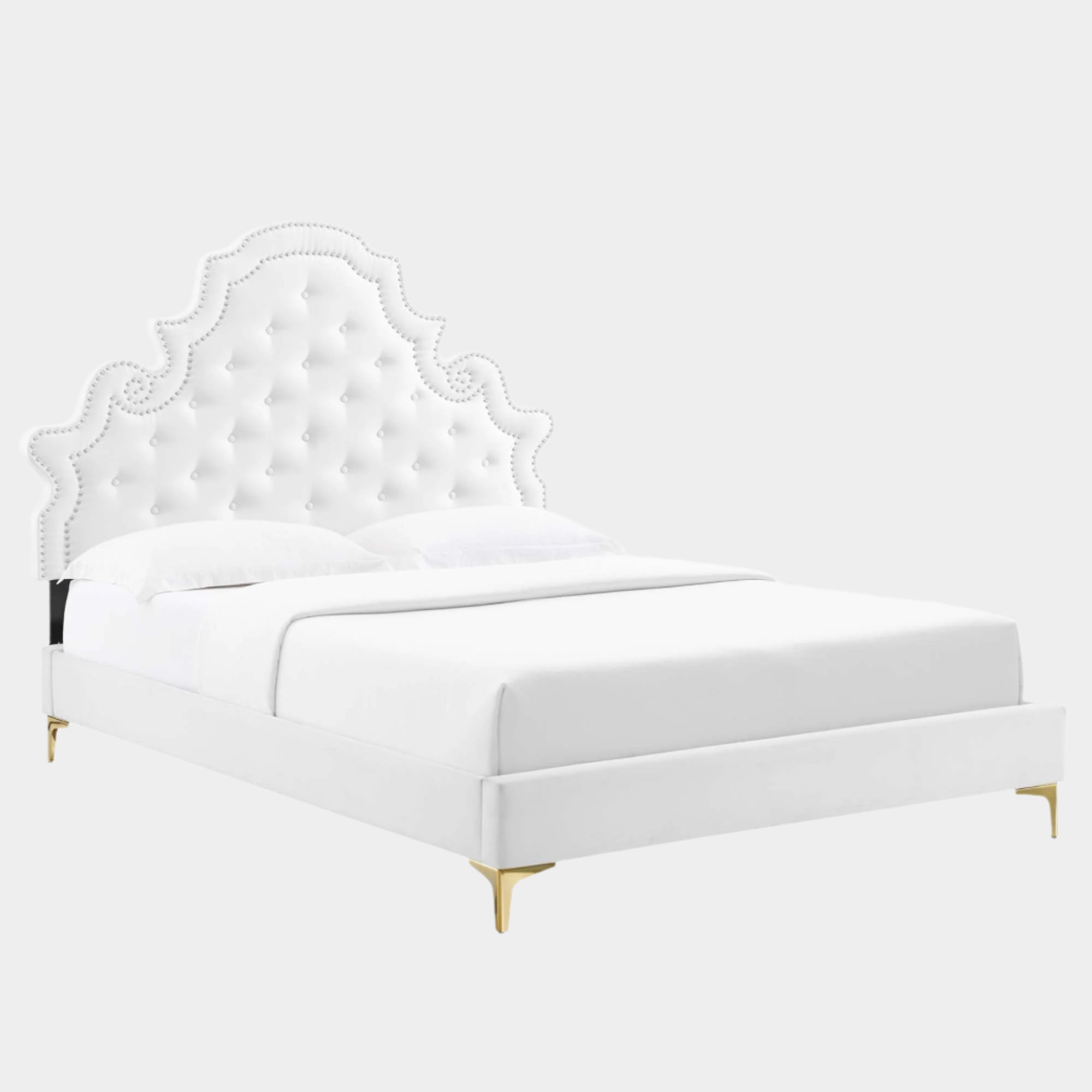 Gwyneth Tufted Performance Velvet Platform Bed With Gold Metal Legs