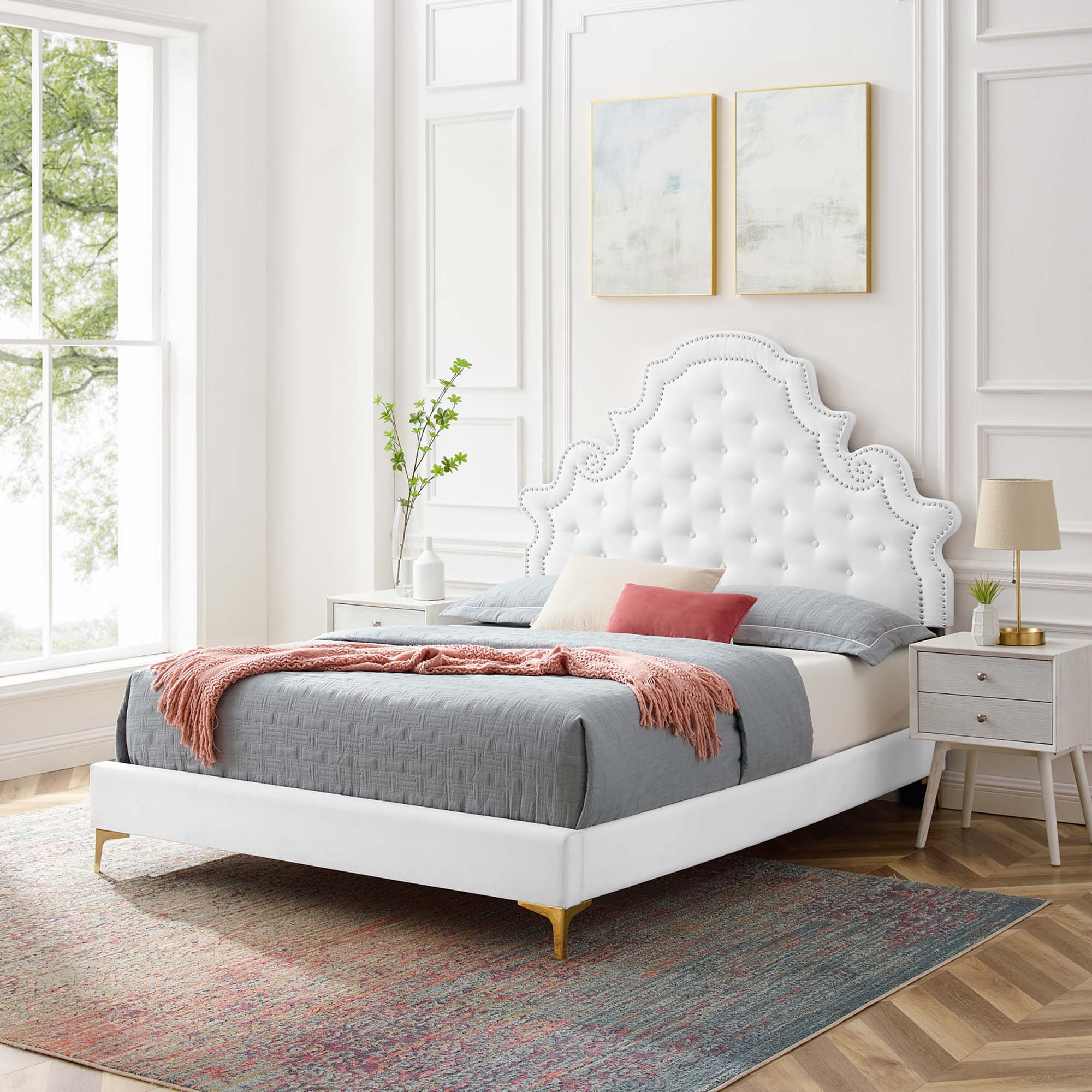 Gwyneth Tufted Performance Velvet Platform Bed With Gold Metal Legs