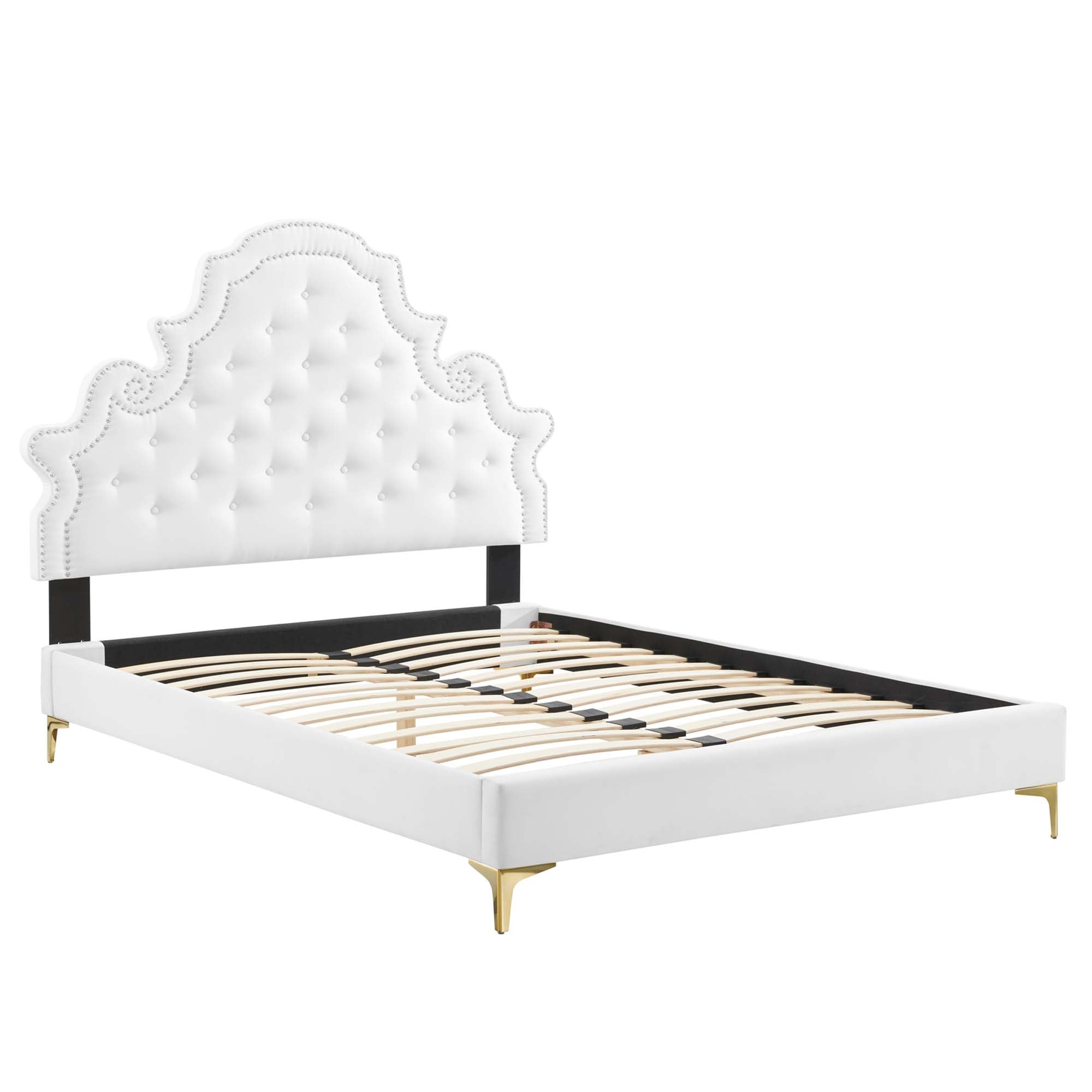 Gwyneth Tufted Performance Velvet Platform Bed With Gold Metal Legs