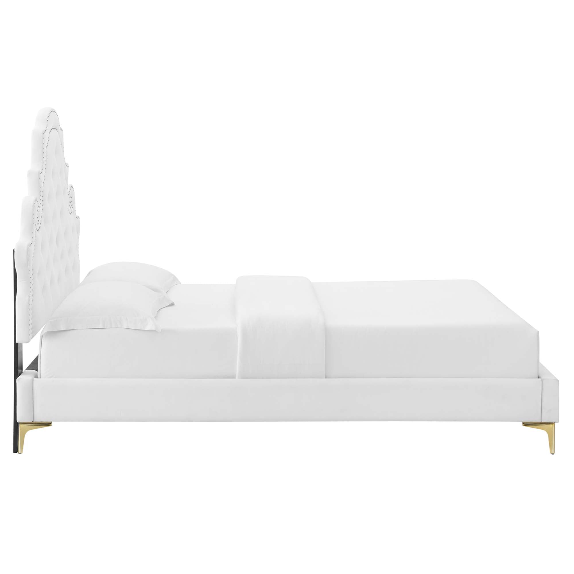 Gwyneth Tufted Performance Velvet Platform Bed With Gold Metal Legs