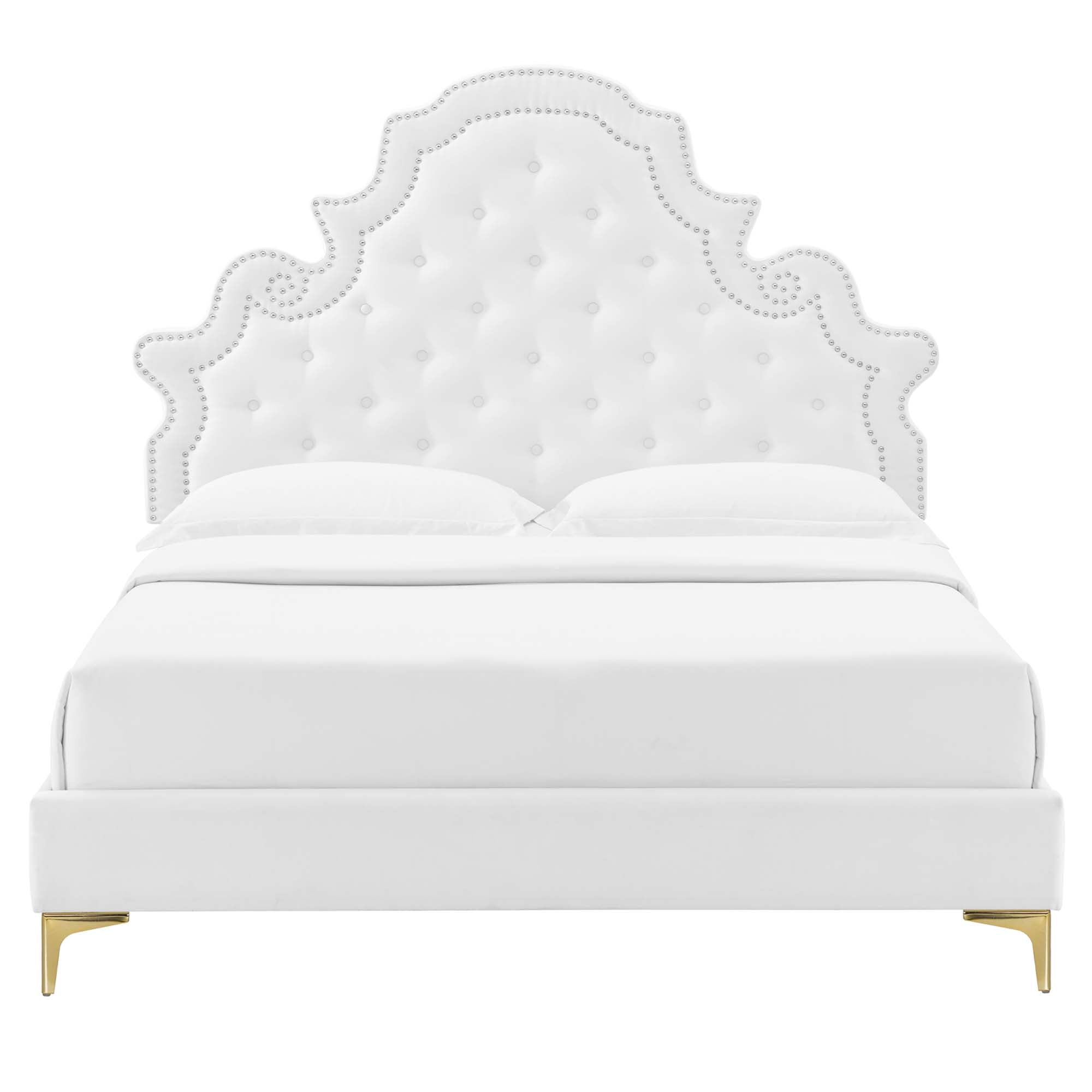 Gwyneth Tufted Performance Velvet Platform Bed With Gold Metal Legs