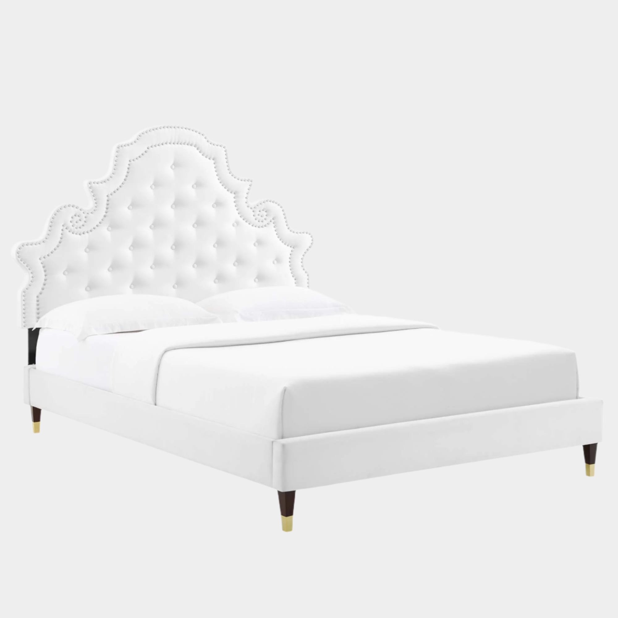 Gwyneth Tufted Performance Velvet Platform Bed With Wood and Gold Legs