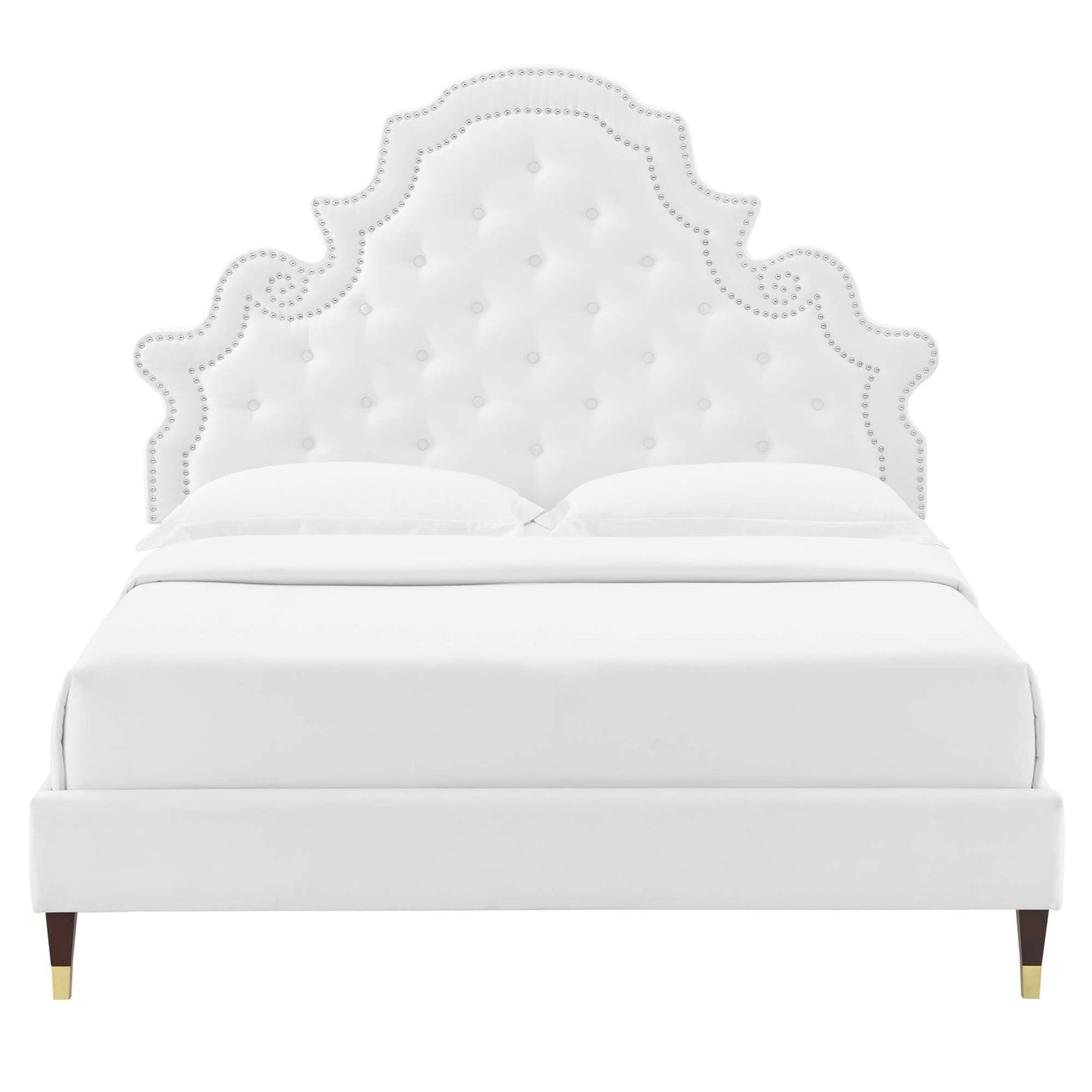 Gwyneth Tufted Performance Velvet Platform Bed With Wood and Gold Legs
