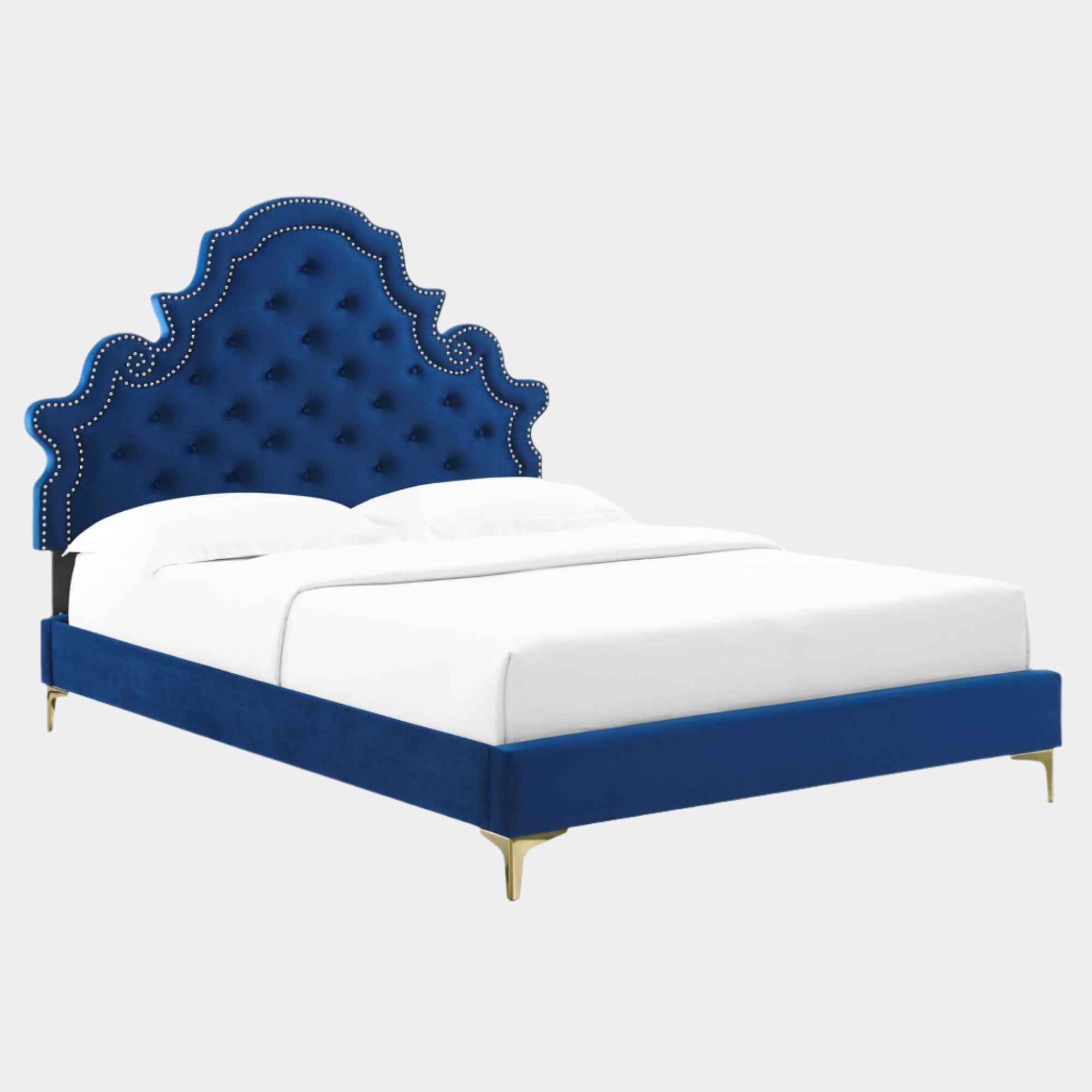 Gwyneth Tufted Performance Velvet Platform Bed With Gold Metal Legs