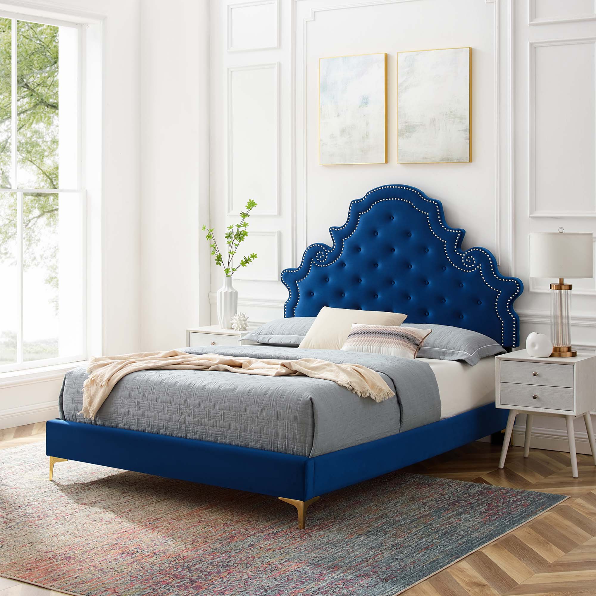 Gwyneth Tufted Performance Velvet Platform Bed With Gold Metal Legs