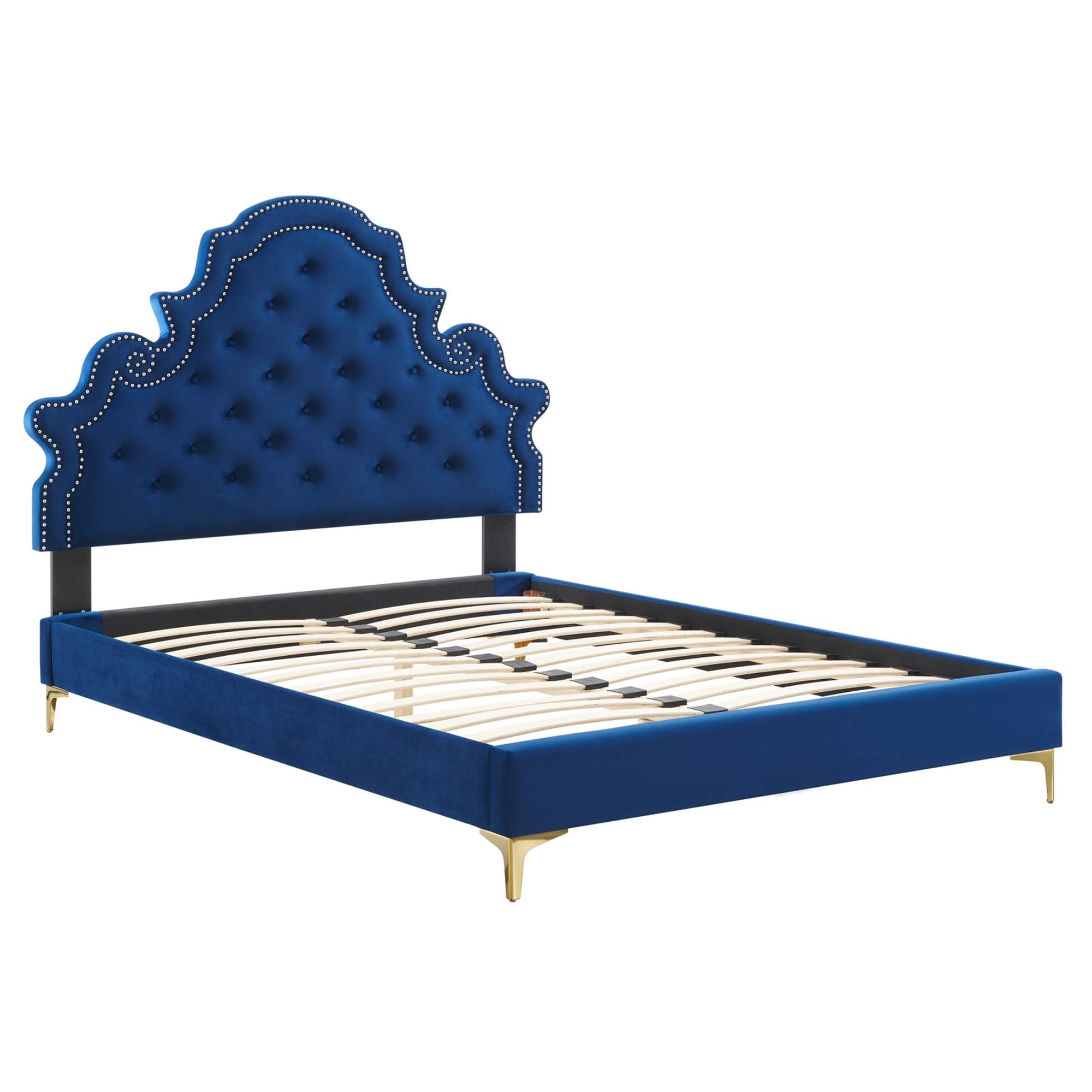 Gwyneth Tufted Performance Velvet Platform Bed With Gold Metal Legs