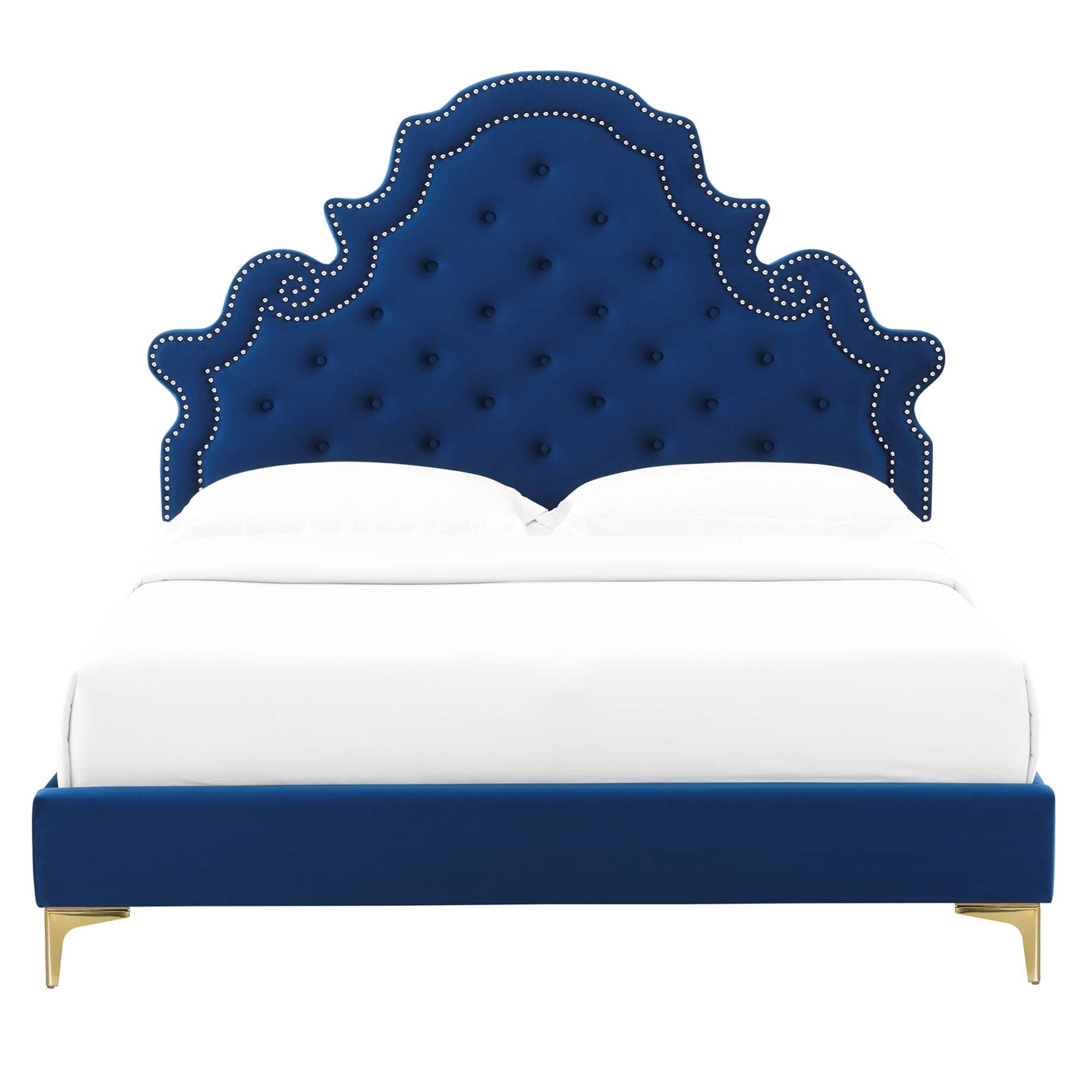 Gwyneth Tufted Performance Velvet Platform Bed With Gold Metal Legs