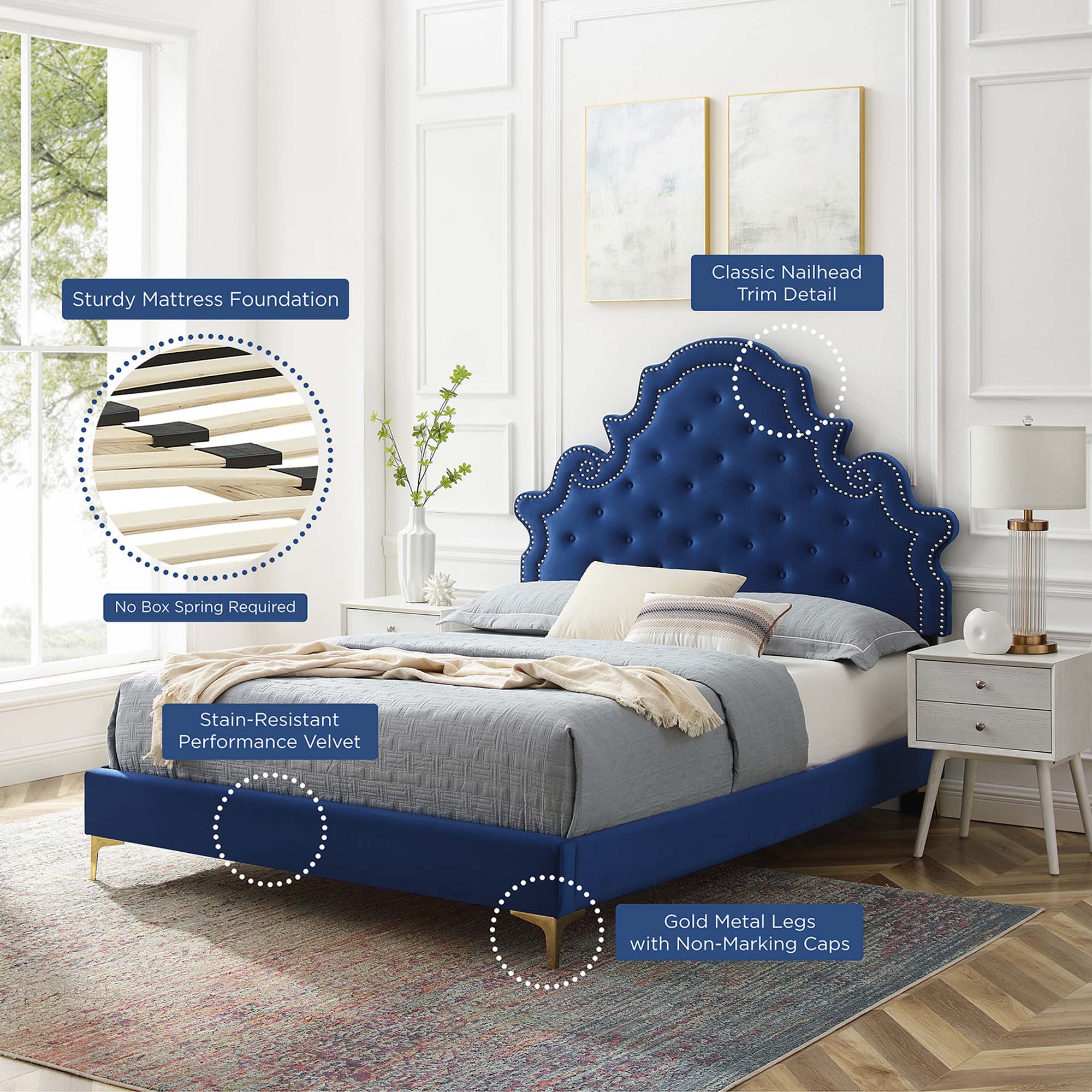 Gwyneth Tufted Performance Velvet Platform Bed With Gold Metal Legs
