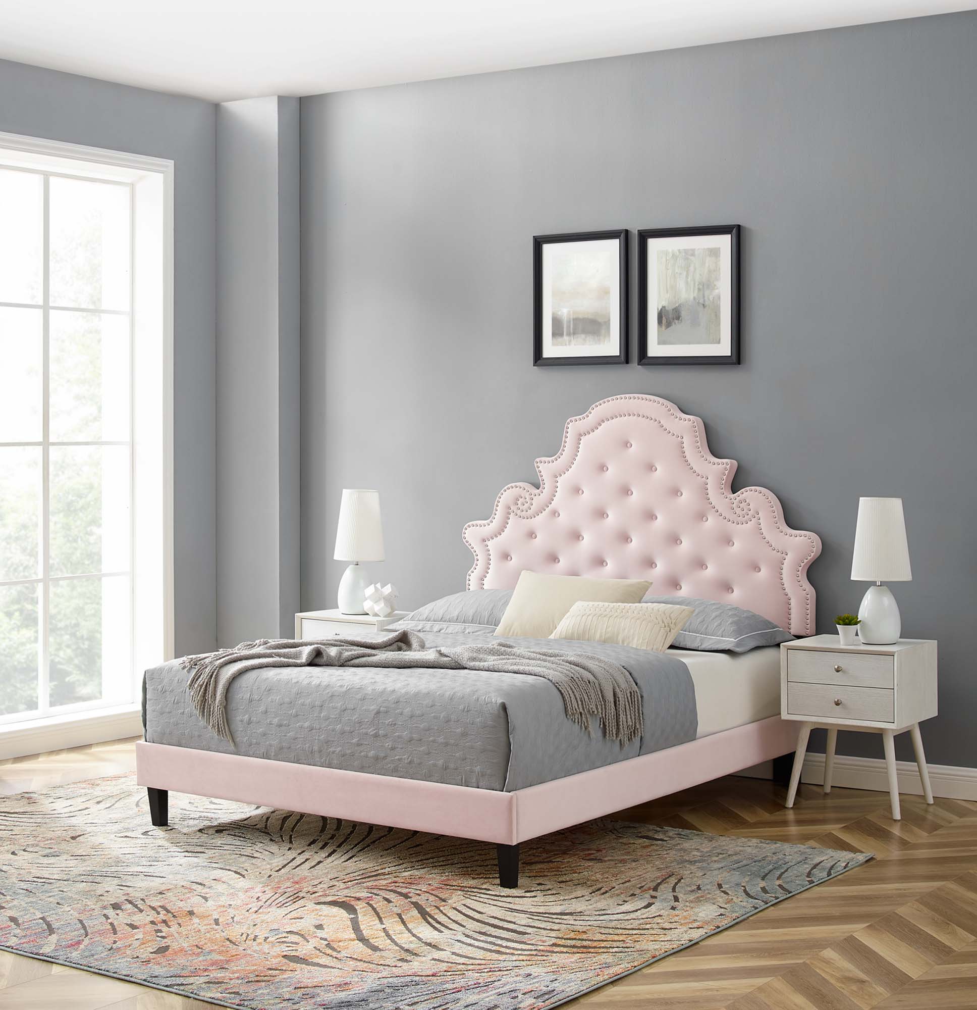 Gwyneth Tufted Performance Velvet Platform Bed With Black Wood Legs