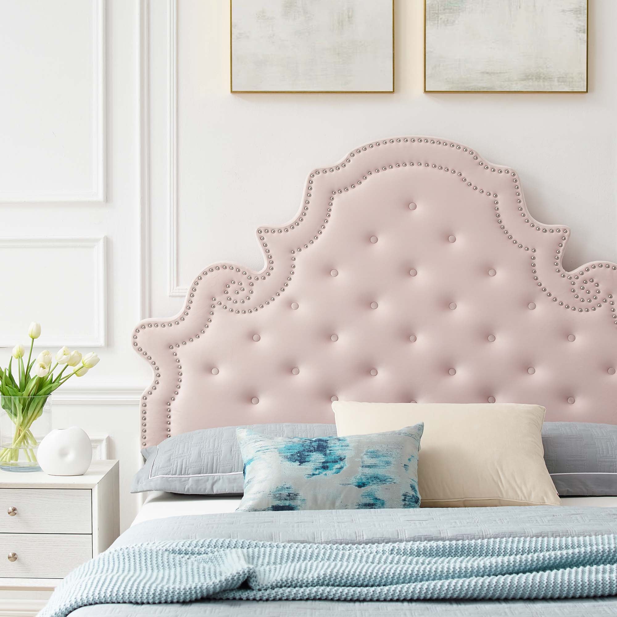 Gwyneth Tufted Performance Velvet Platform Bed With Gold Metal Legs