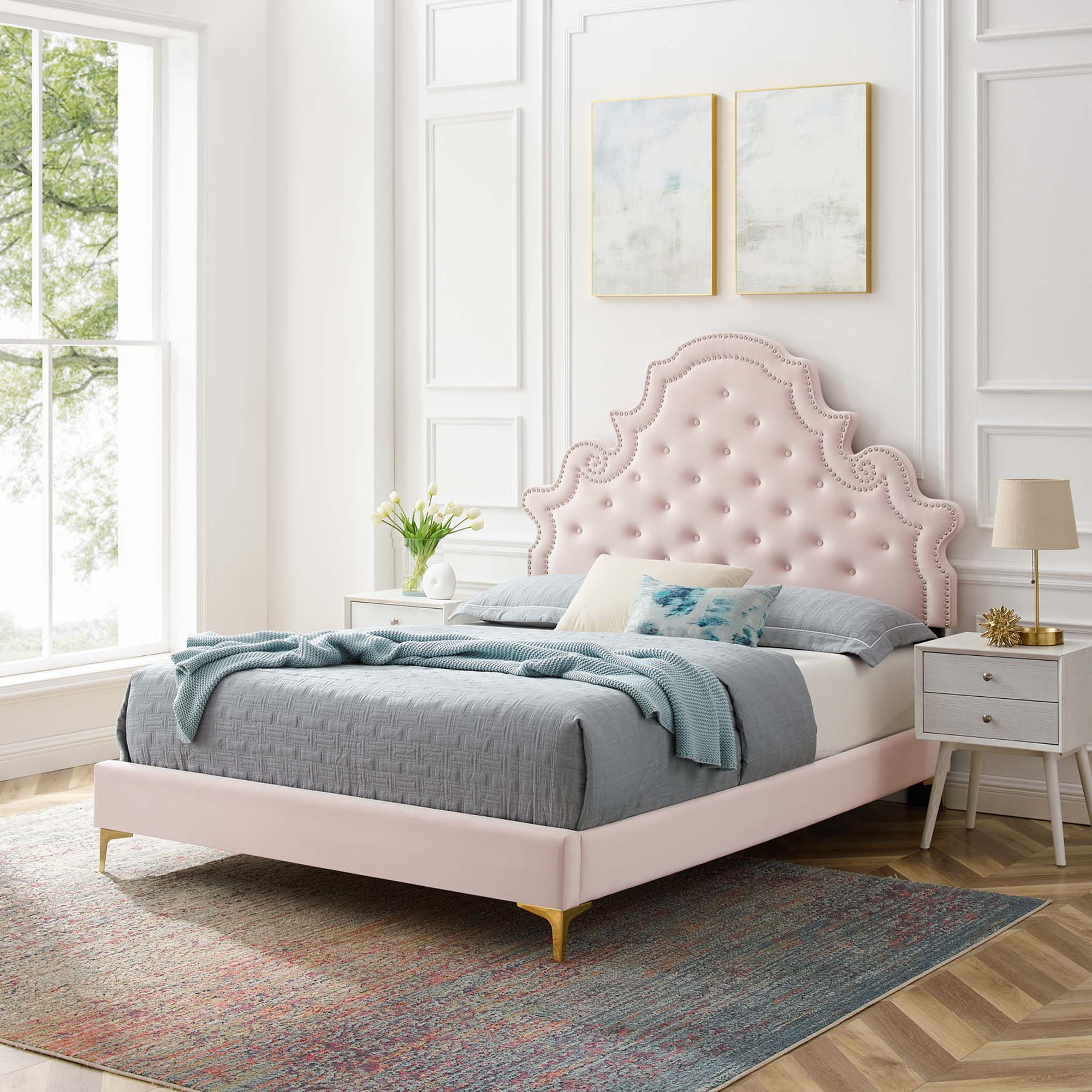 Gwyneth Tufted Performance Velvet Platform Bed With Gold Metal Legs