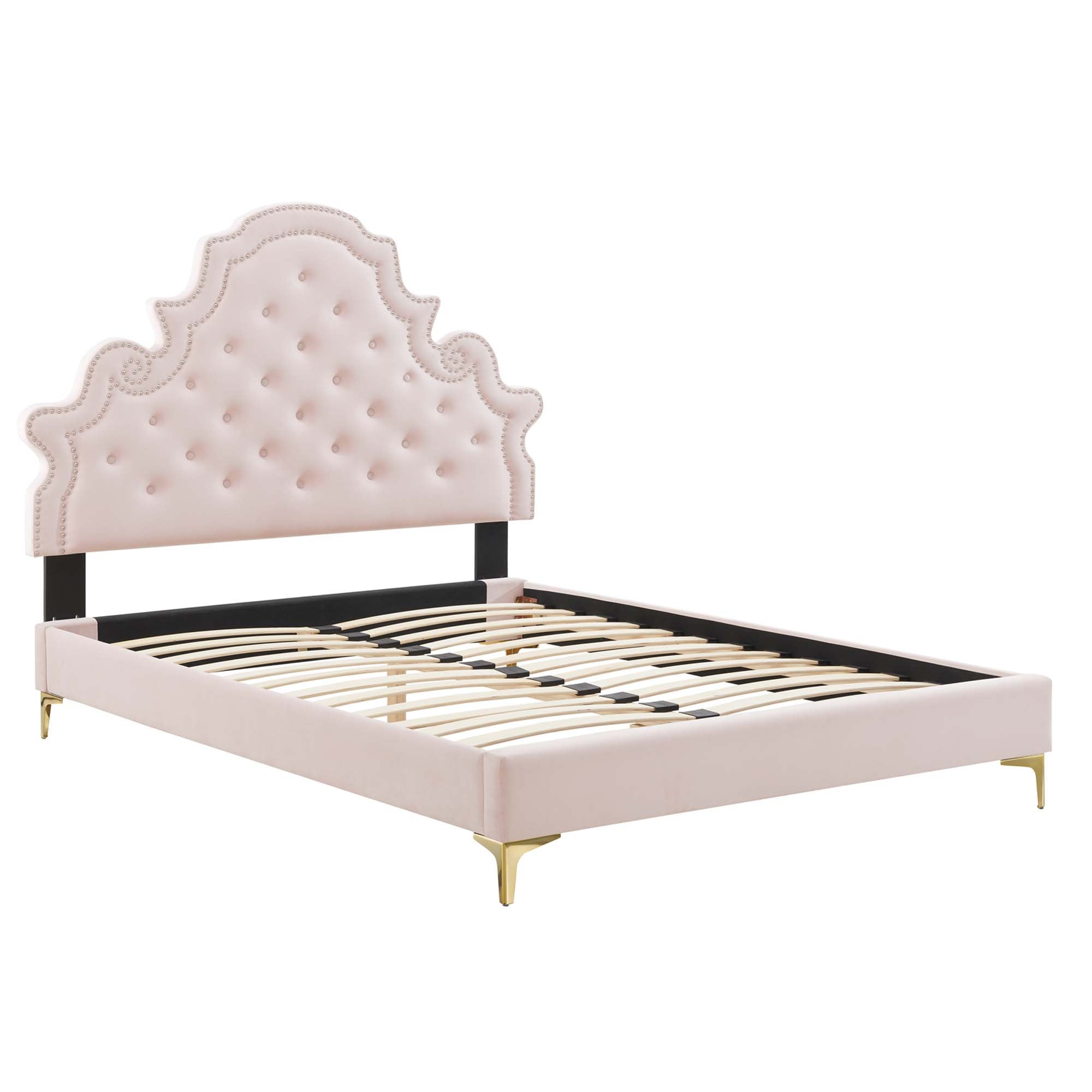 Gwyneth Tufted Performance Velvet Platform Bed With Gold Metal Legs