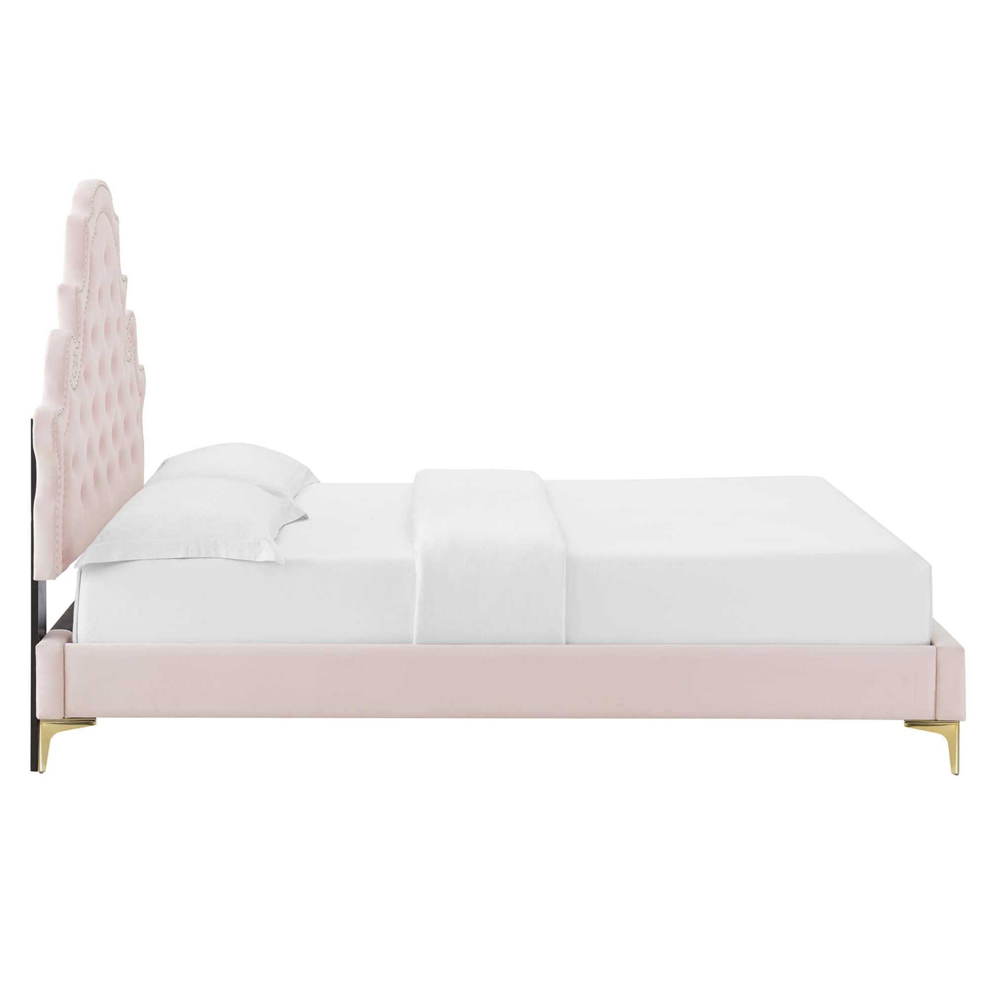 Gwyneth Tufted Performance Velvet Platform Bed With Gold Metal Legs