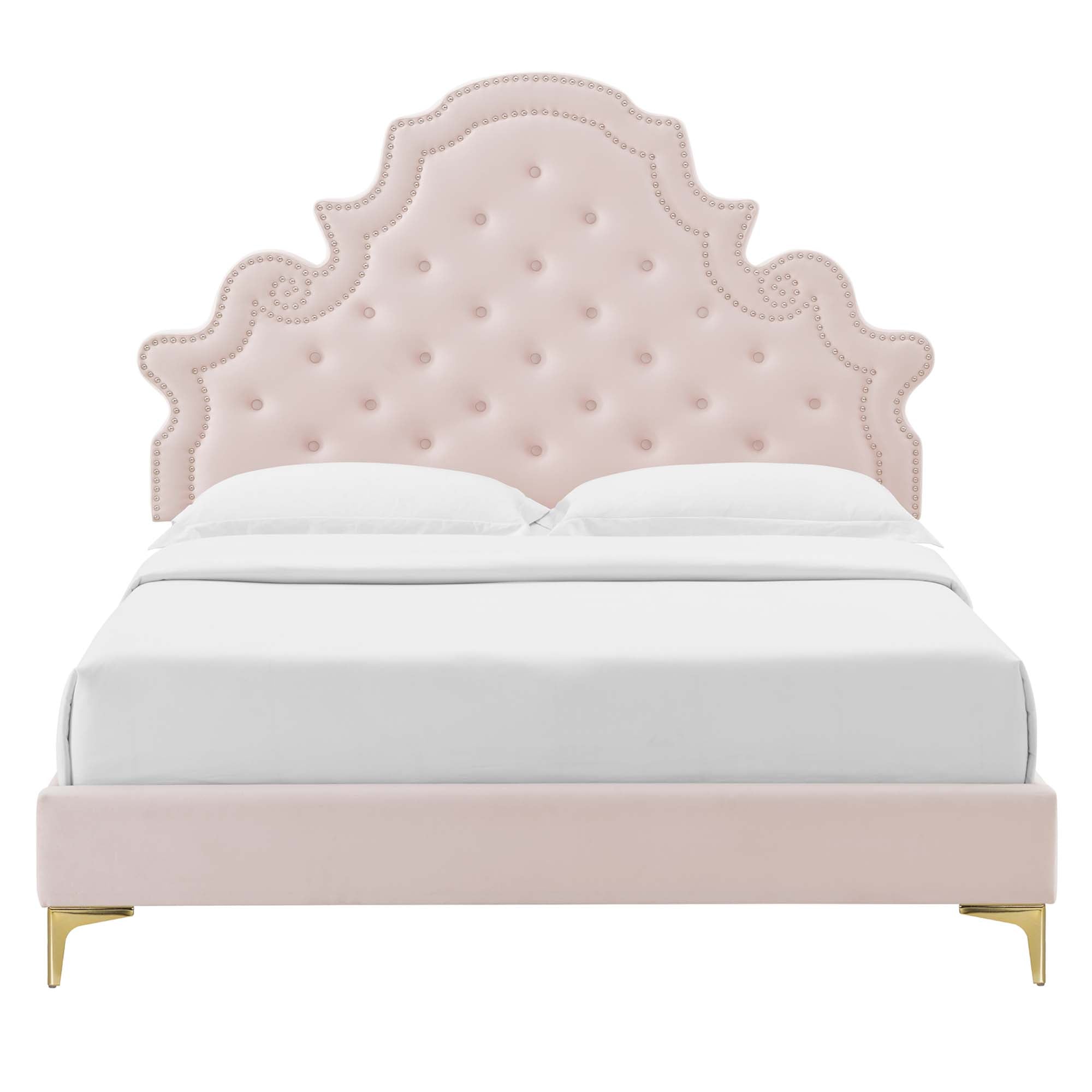 Gwyneth Tufted Performance Velvet Platform Bed With Gold Metal Legs