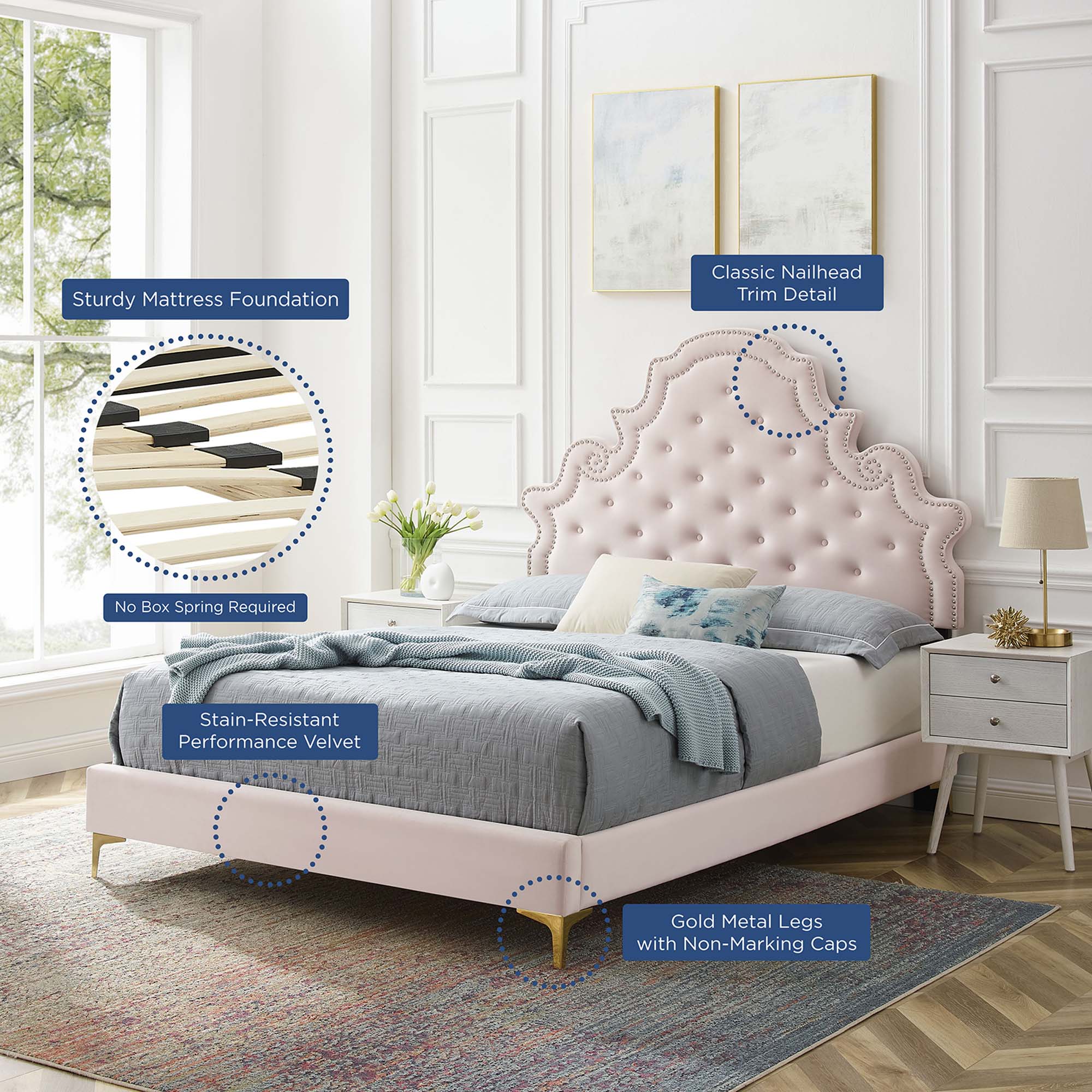 Gwyneth Tufted Performance Velvet Platform Bed With Gold Metal Legs