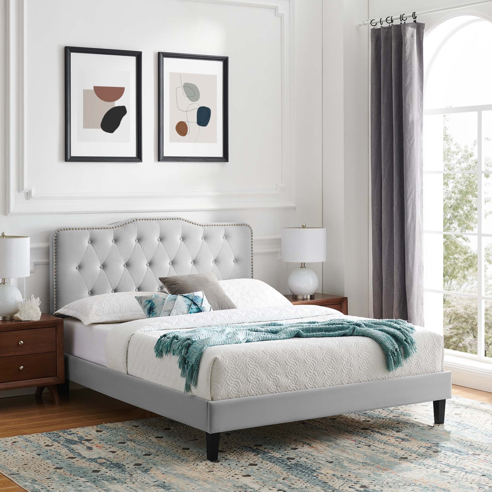 Amber Performance Velvet Platform Bed With Black Wood Legs