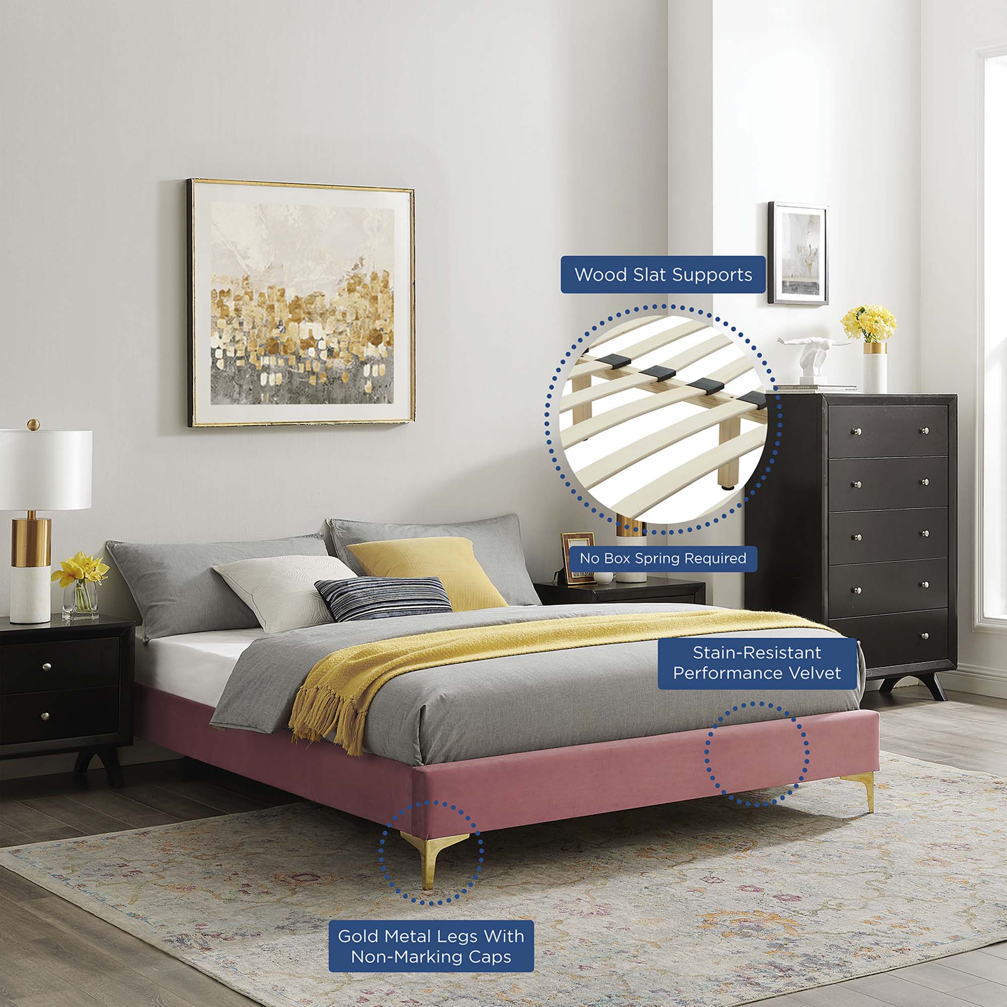 Neena Performance Velvet Bed With Gold Metal Legs